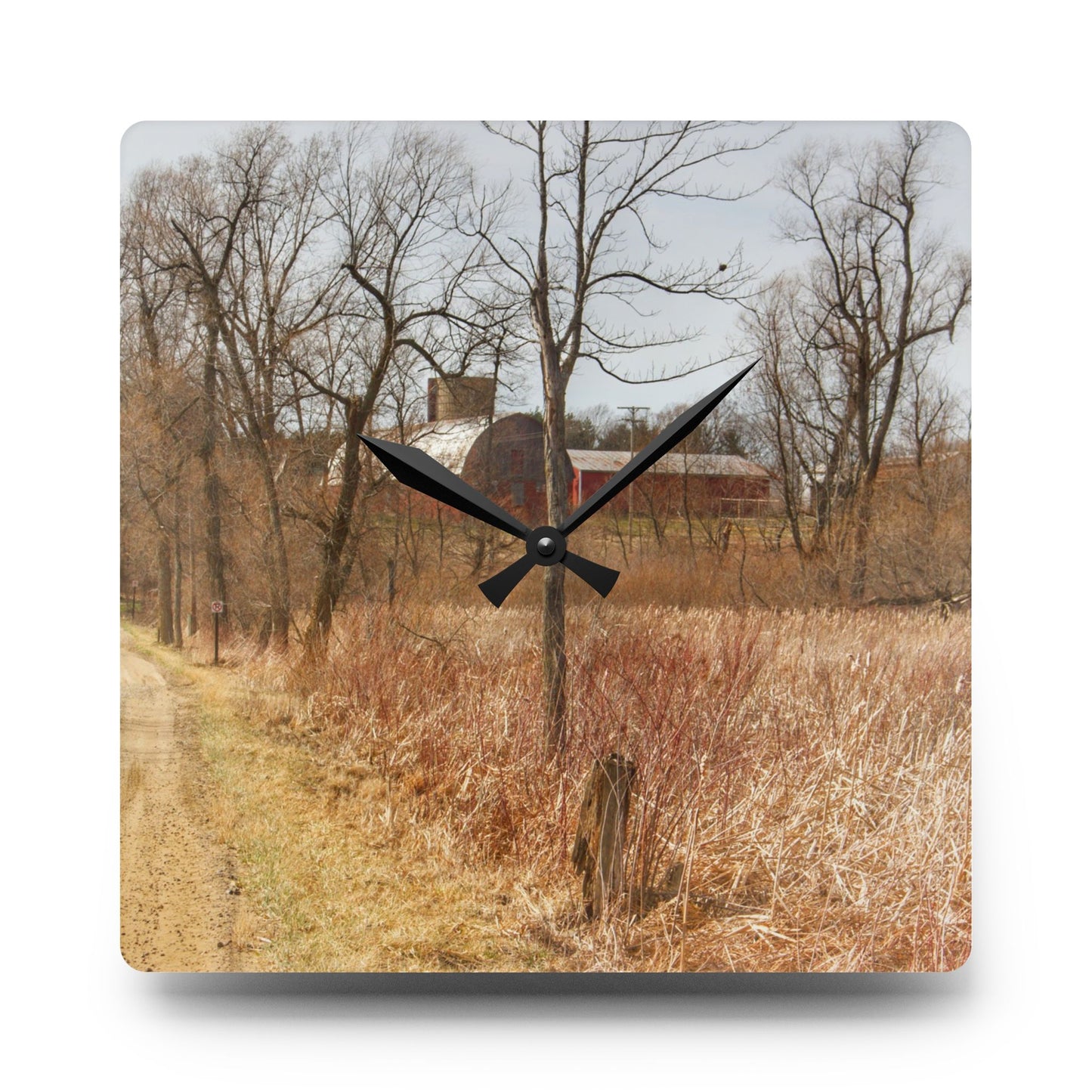 U R There Photography Hough Road Hidden Reds Rustic Farmhouse Acrylic Analog Wall Clock
