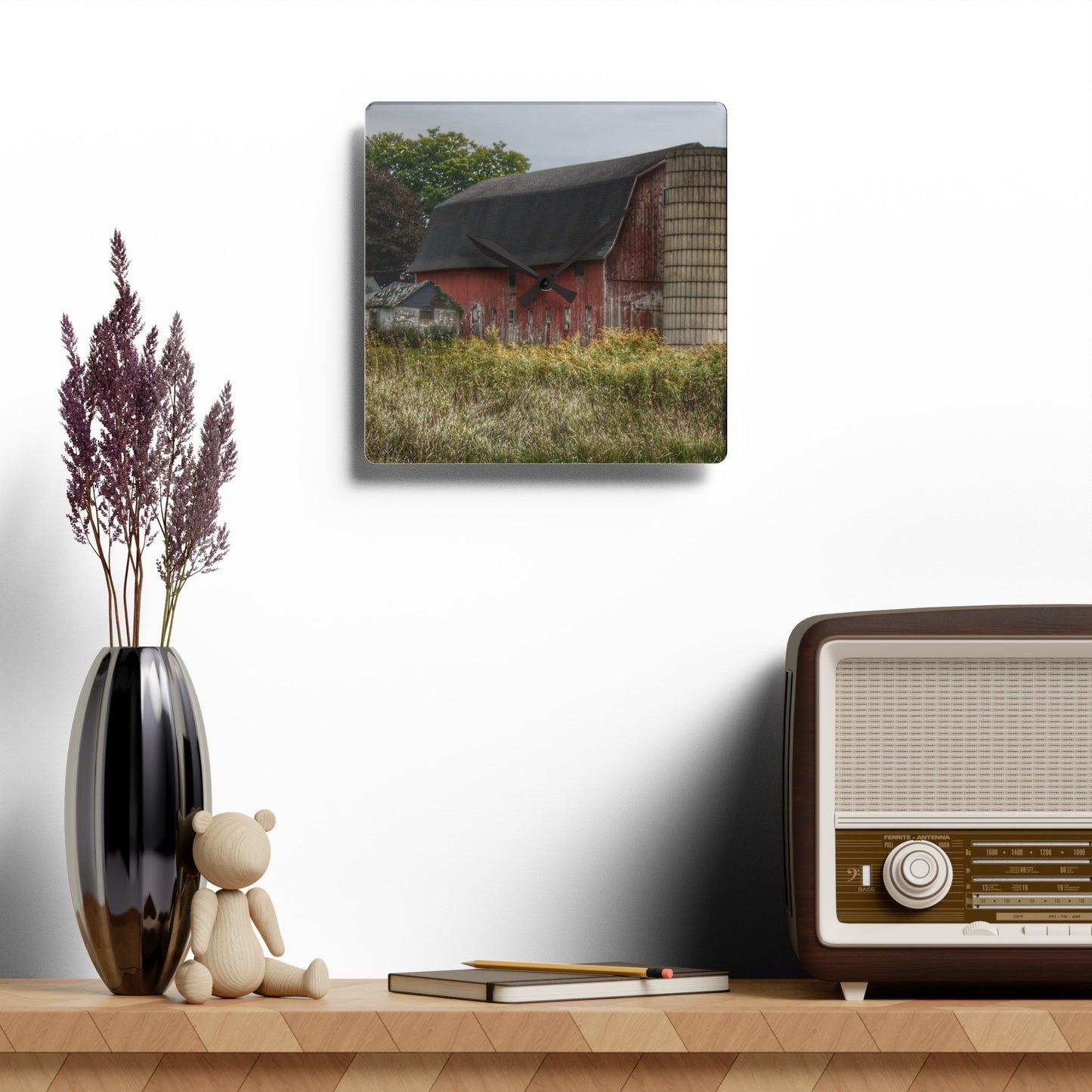 U R There Photography McDowell Road Old Red and Little White Rustic Farmhouse Acrylic Analog Wall Clock