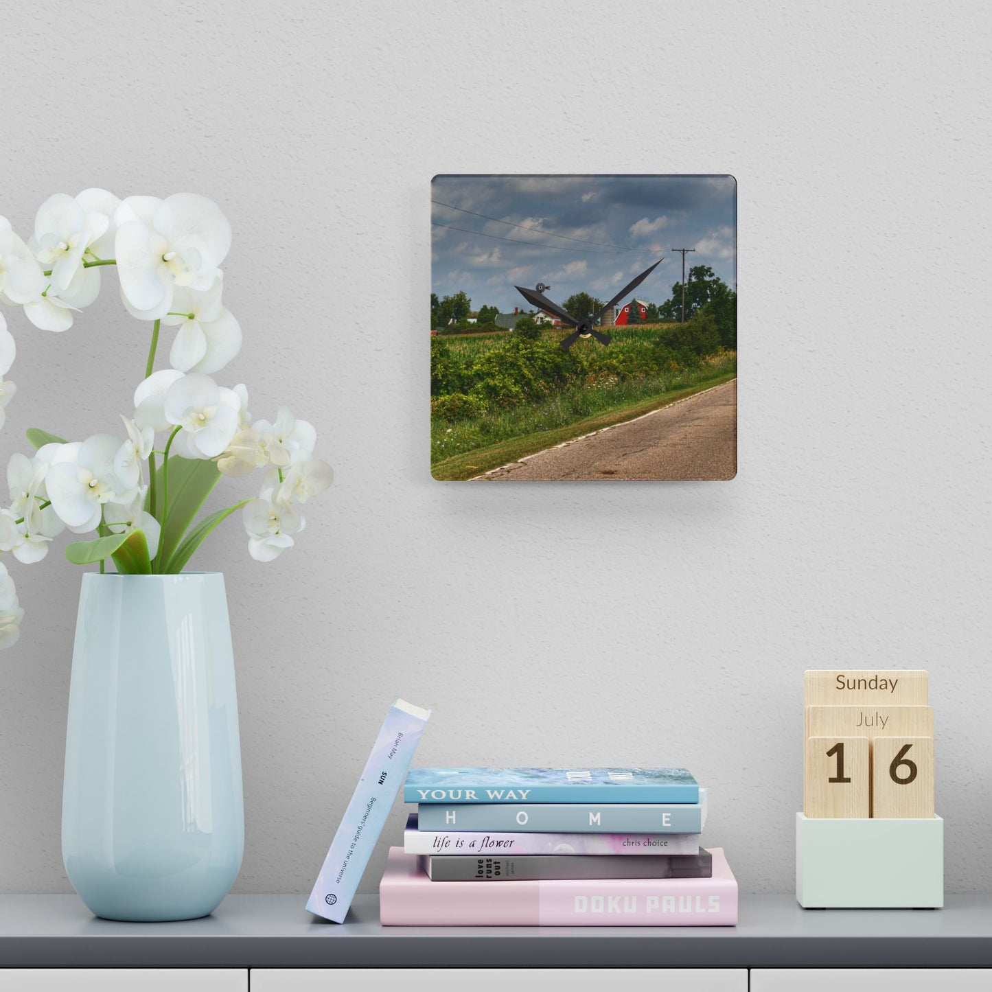 U R There Photography Across the Field in Elba I Rustic Farmhouse Acrylic Analog Wall Clock