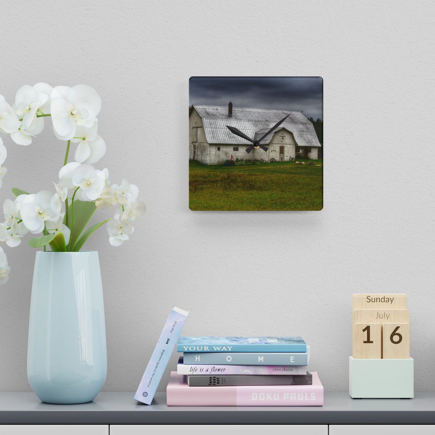 U R There Photography Milliman Road White Rustic Farmhouse Acrylic Analog Wall Clock