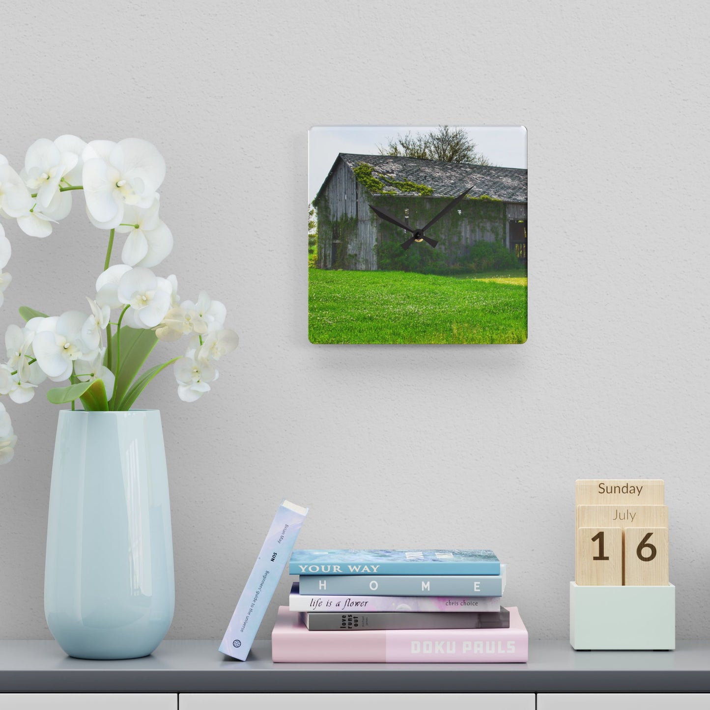 U R There Photography Caro Road Twin Grey I Rustic Farmhouse Acrylic Analog Wall Clock