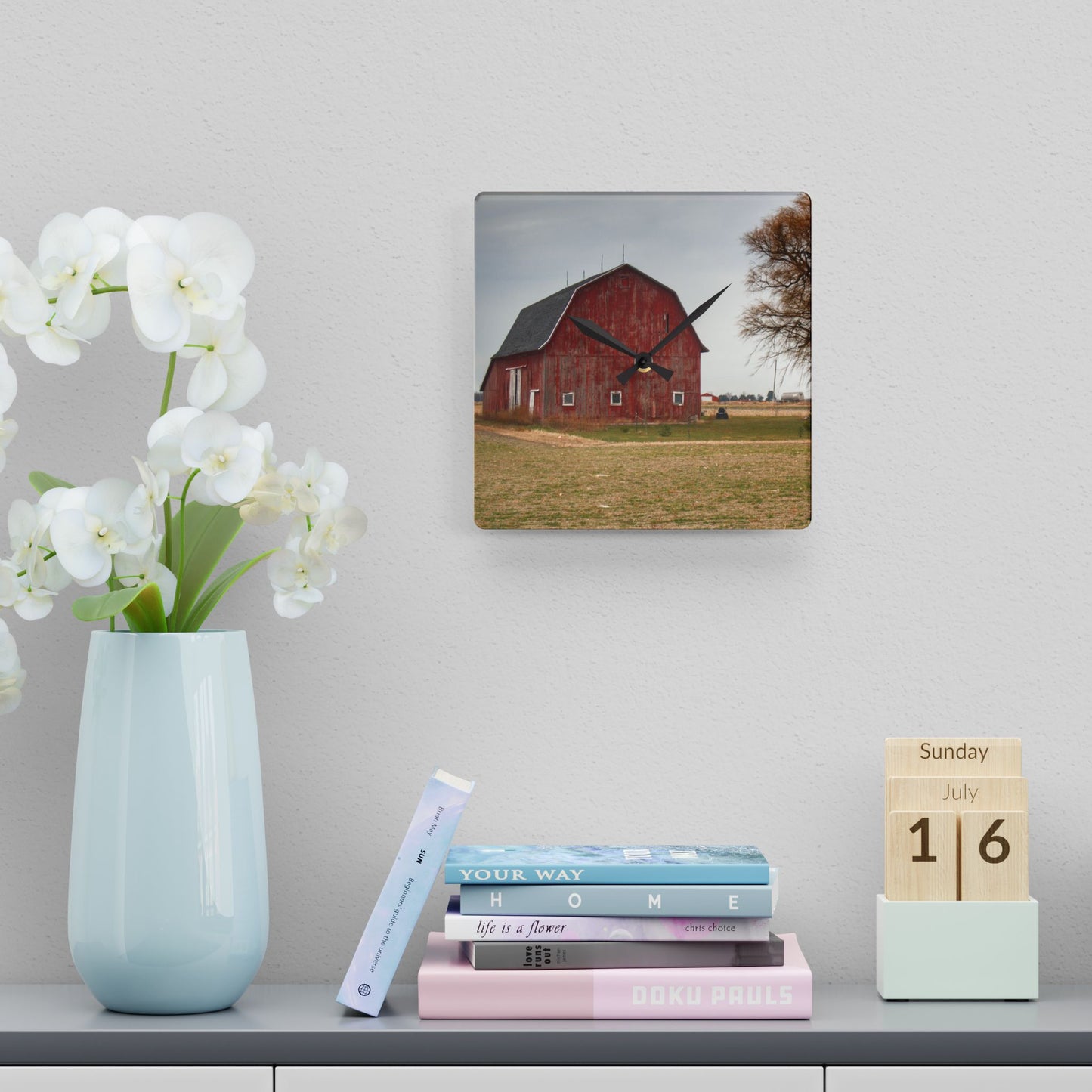 U R There Photography Loomis Road Red Rustic Farmhouse Acrylic Analog Wall Clock