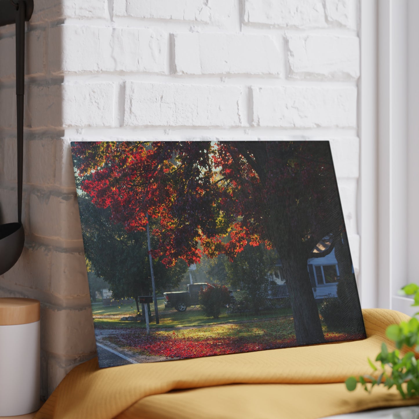 U R There Photography Red Crimson Leaves of Lum Rustic Farmhouse Tempered-Glass Cutting Board