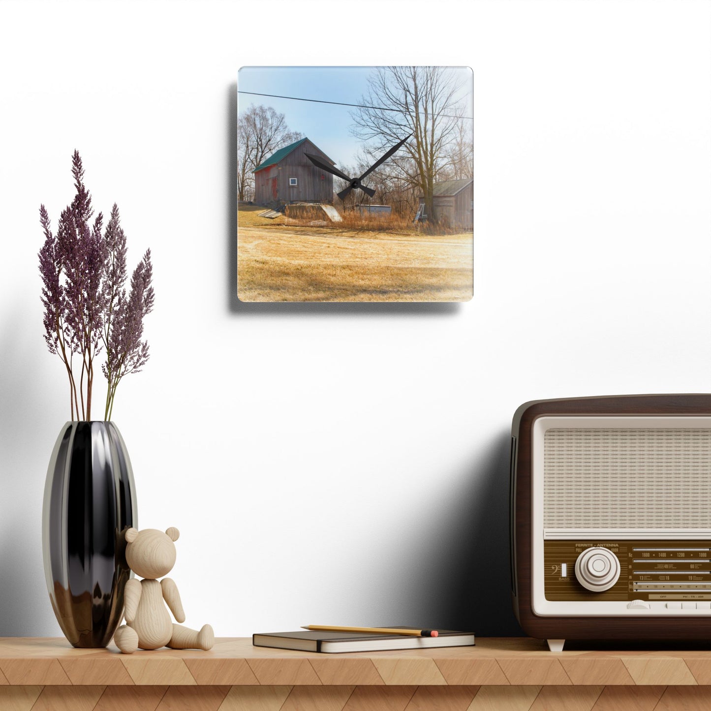 U R There Photography Klam Road Hillside Greys Rustic Farmhouse Acrylic Analog Wall Clock