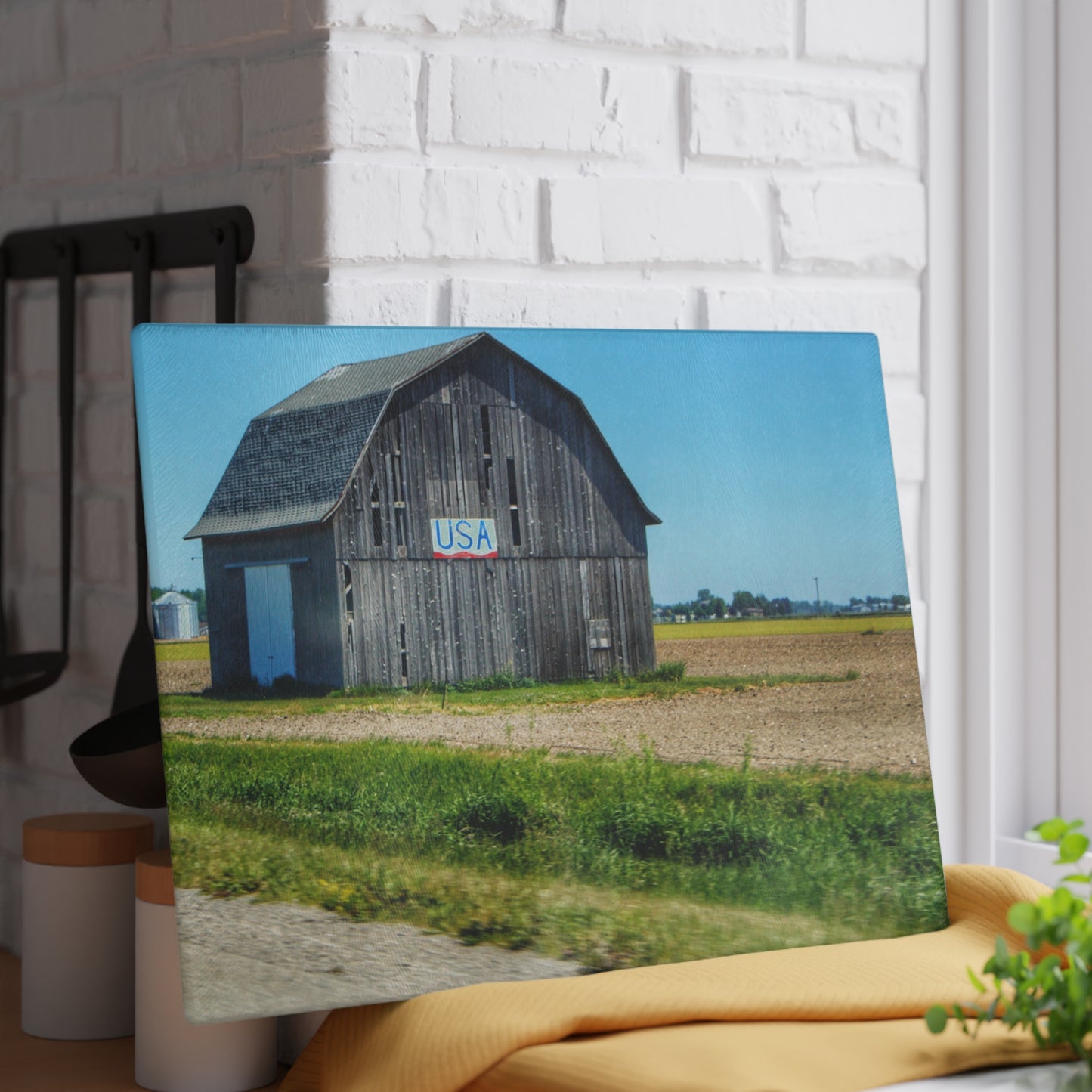 U R There Photography Unionville M-25 USA Grey Rustic Farmhouse Tempered-Glass Cutting Board