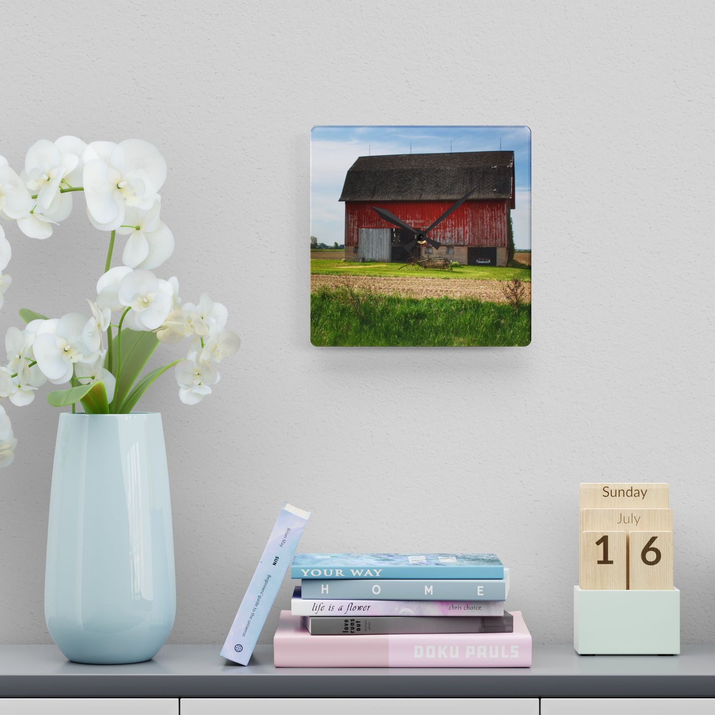 U R There Photography Unionville Elmwood Road Red II Rustic Farmhouse Acrylic Analog Wall Clock