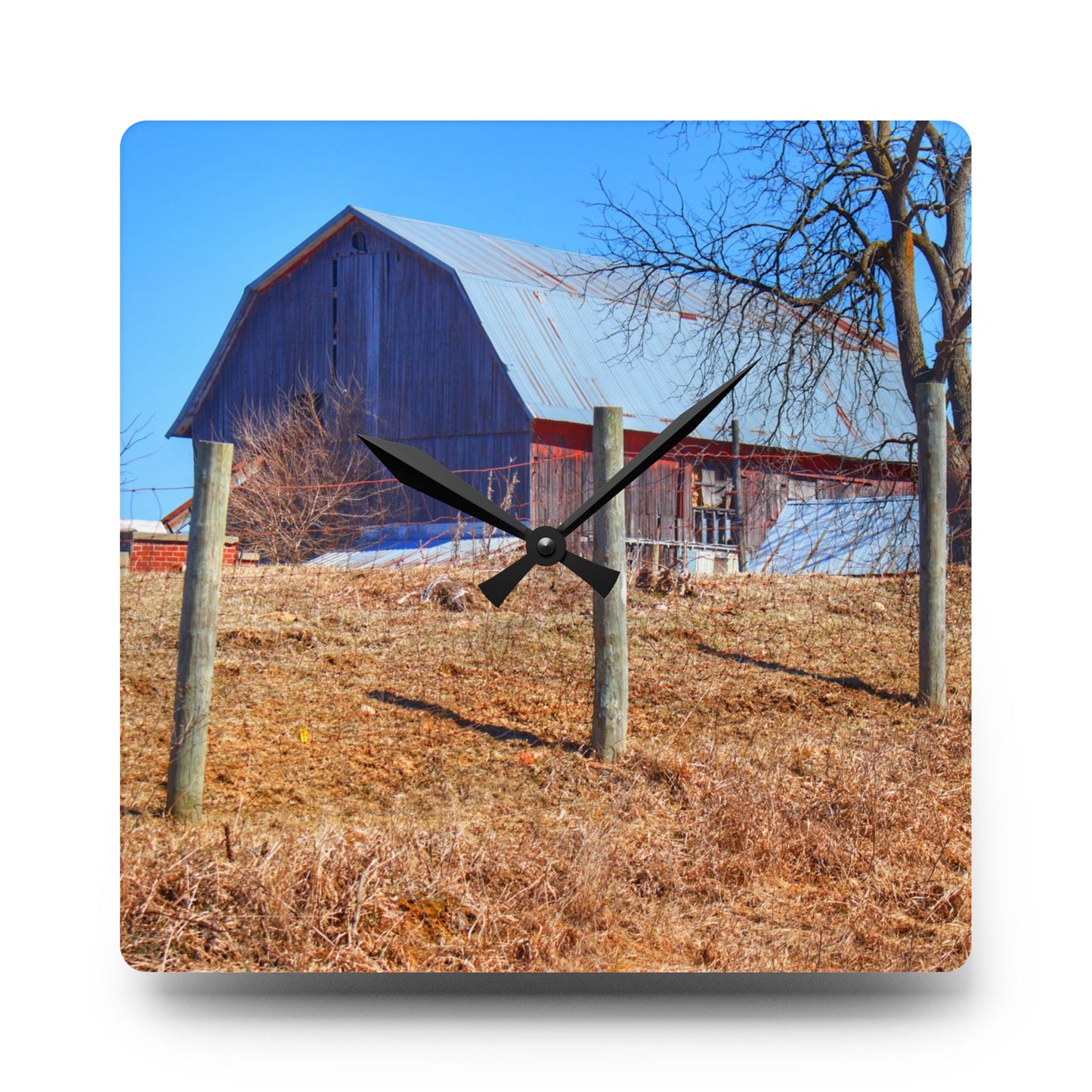 U R There Photography Marathon Haybarn on the Hill II Rustic Farmhouse Acrylic Analog Wall Clock