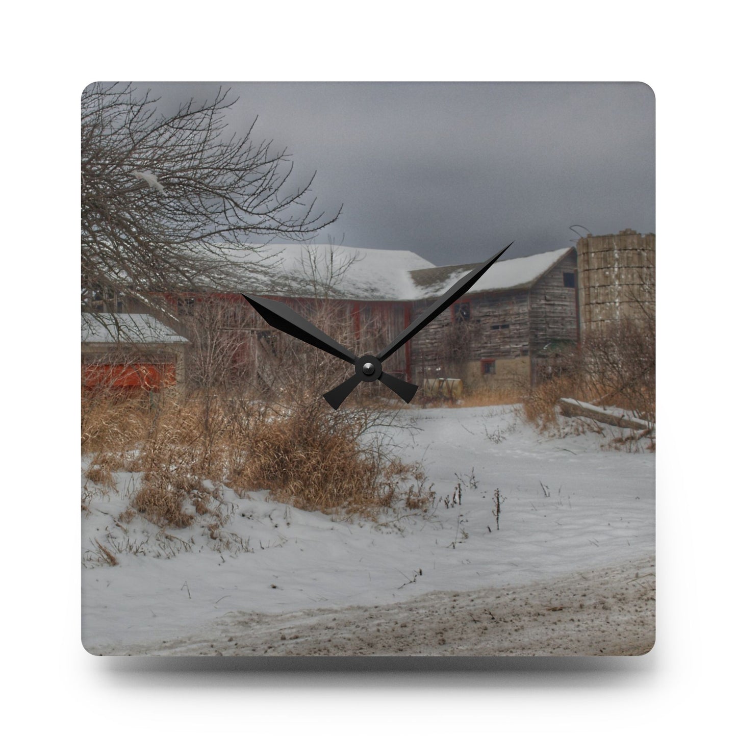 U R There Photography Midwinter Red Rustic Farmhouse Acrylic Analog Wall Clock