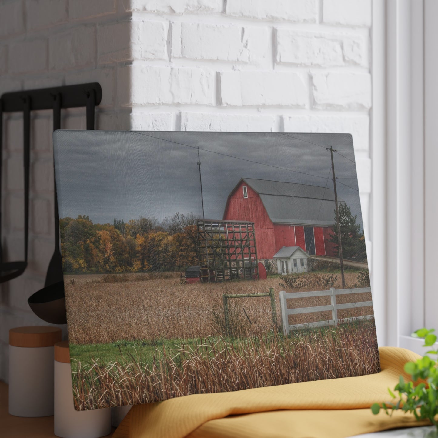 U R There Photography Barnes Road Red in Fall Rustic Farmhouse Tempered-Glass Cutting Board