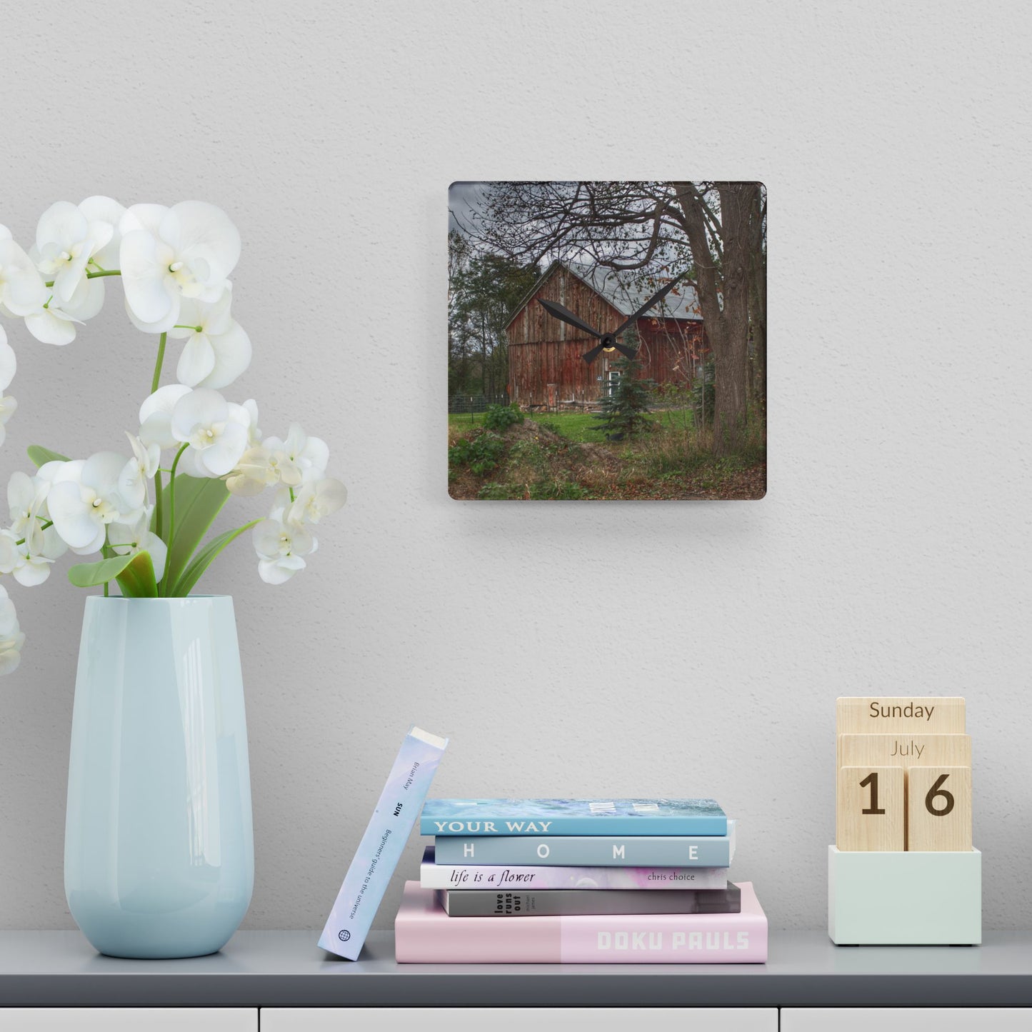 U R There Photography Big Fish Lake Road Red Rustic Farmhouse Acrylic Analog Wall Clock