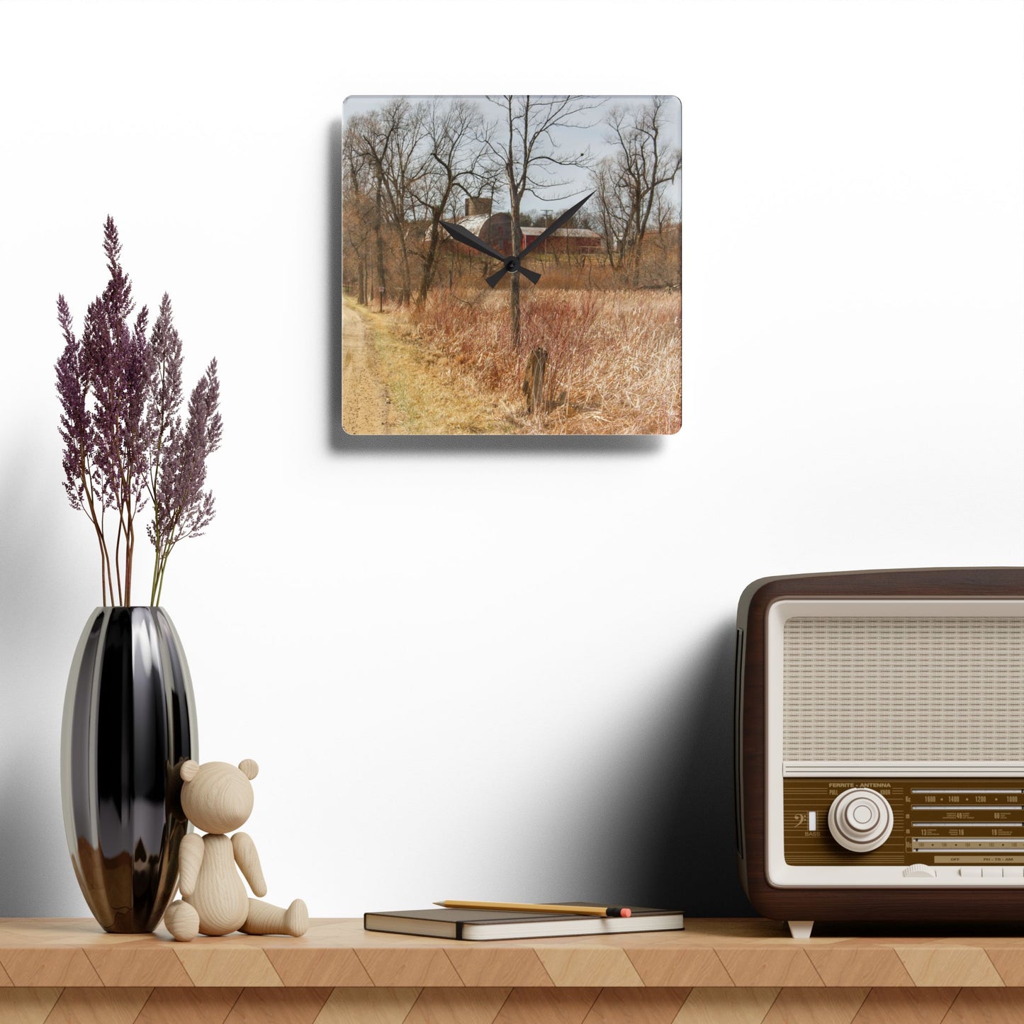 U R There Photography Hough Road Hidden Reds Rustic Farmhouse Acrylic Analog Wall Clock