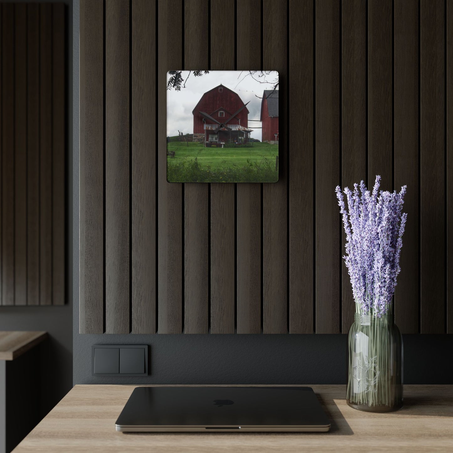 U R There Photography Bishop Road Reds II Rustic Farmhouse Acrylic Analog Wall Clock