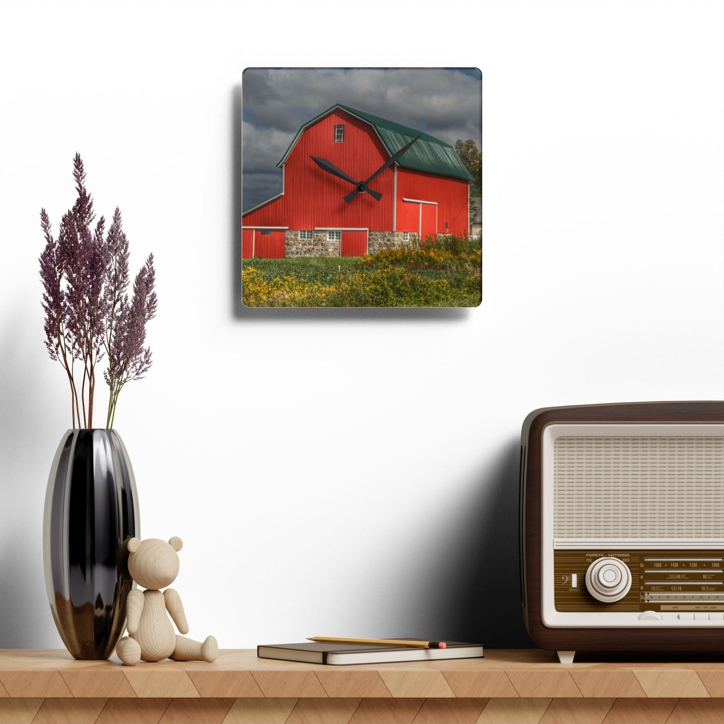 U R There Photography Valentine Road Fieldstone Red Rustic Farmhouse Acrylic Analog Wall Clock
