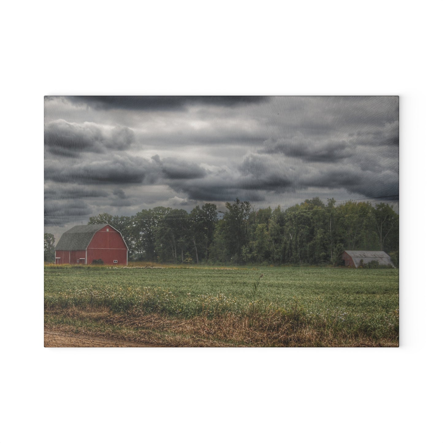 U R There Photography Weyer Road Red and Quonset Rustic Farmhouse Tempered-Glass Cutting Board