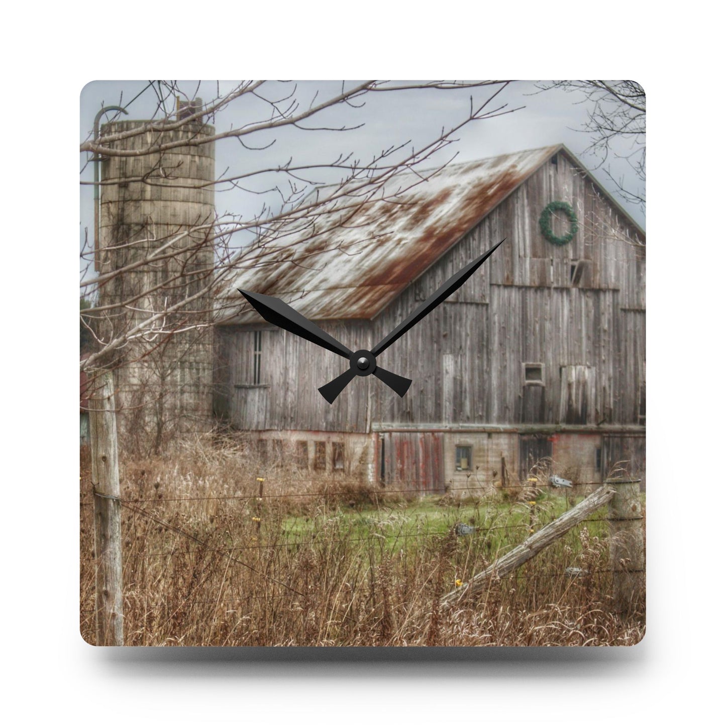 U R There Photography Churchill Christmas Barn I Rustic Farmhouse Acrylic Analog Wall Clock