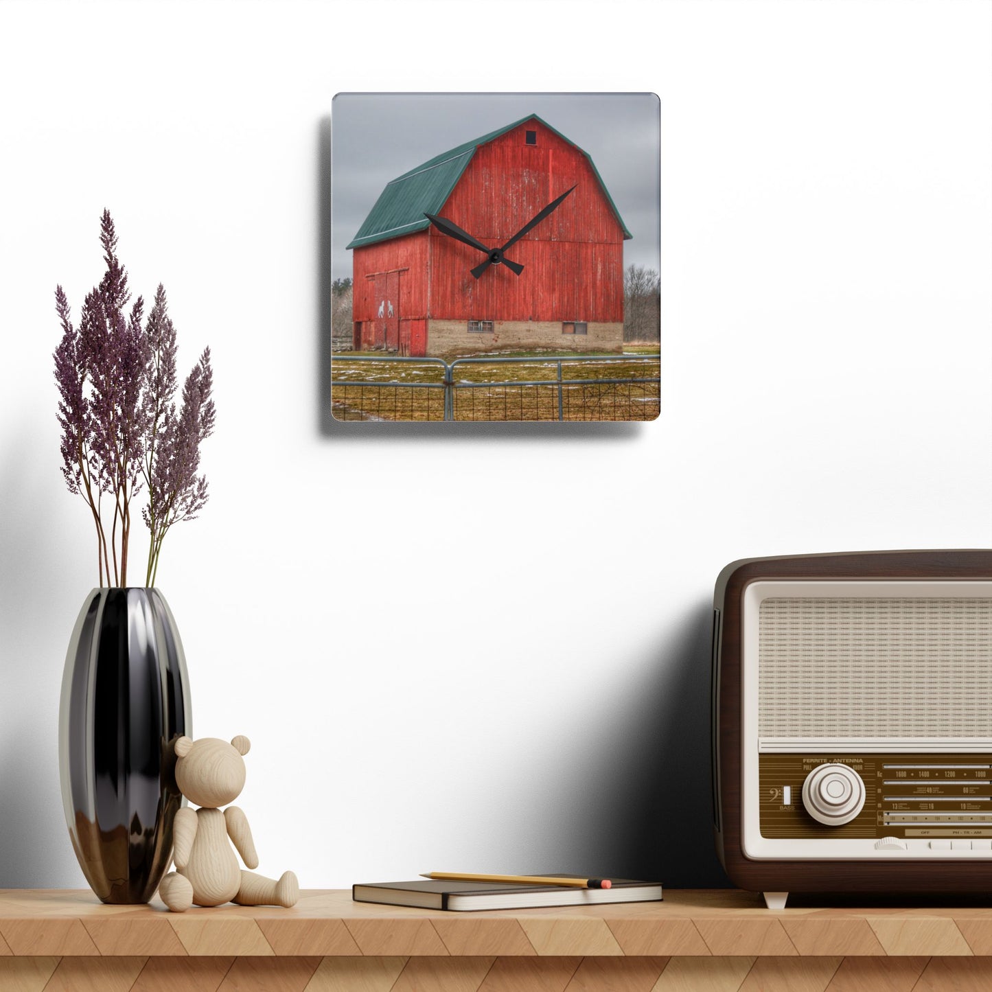 U R There Photography Lonsberry Red Rustic Farmhouse Acrylic Analog Wall Clock