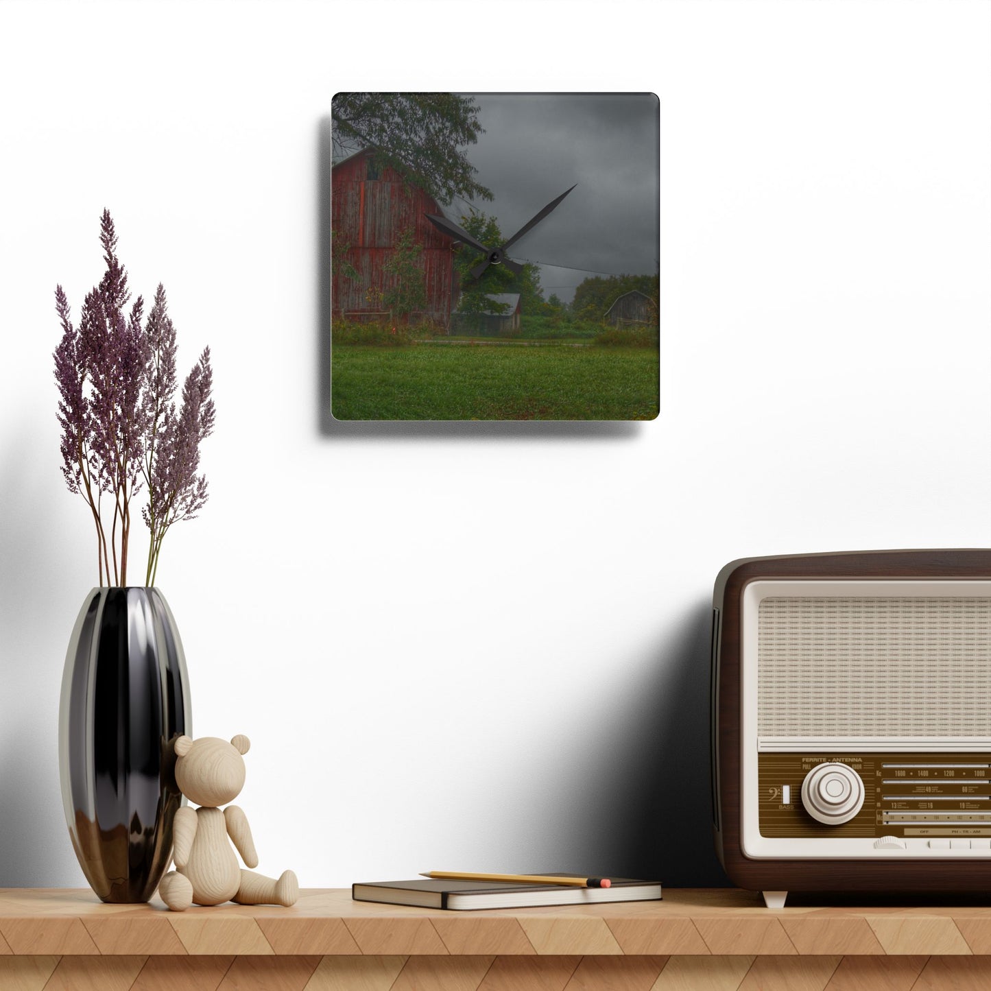 U R There Photography Columbiaville Red and Little Grey Rustic Farmhouse Acrylic Analog Wall Clock