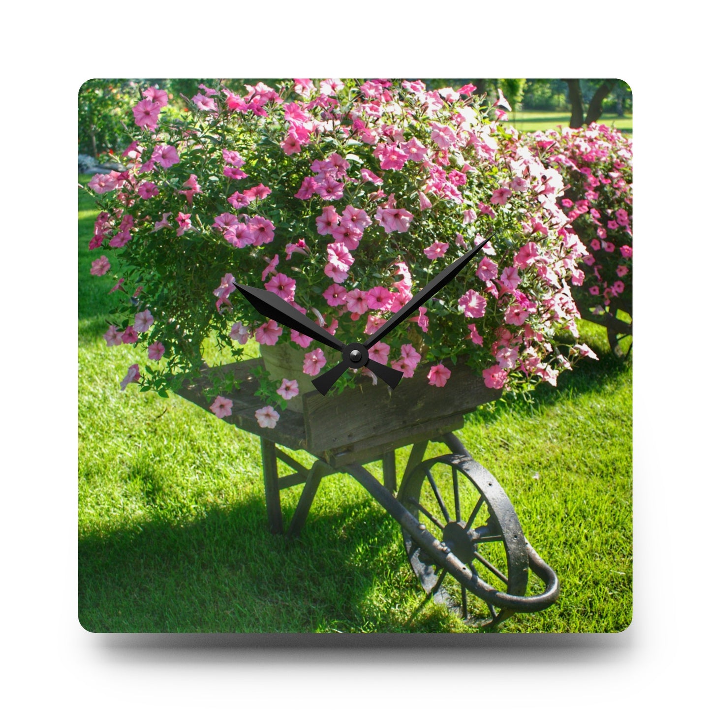 Rustic Farmhouse Wall Clock featuring Wheelbarrow Full of Flowers