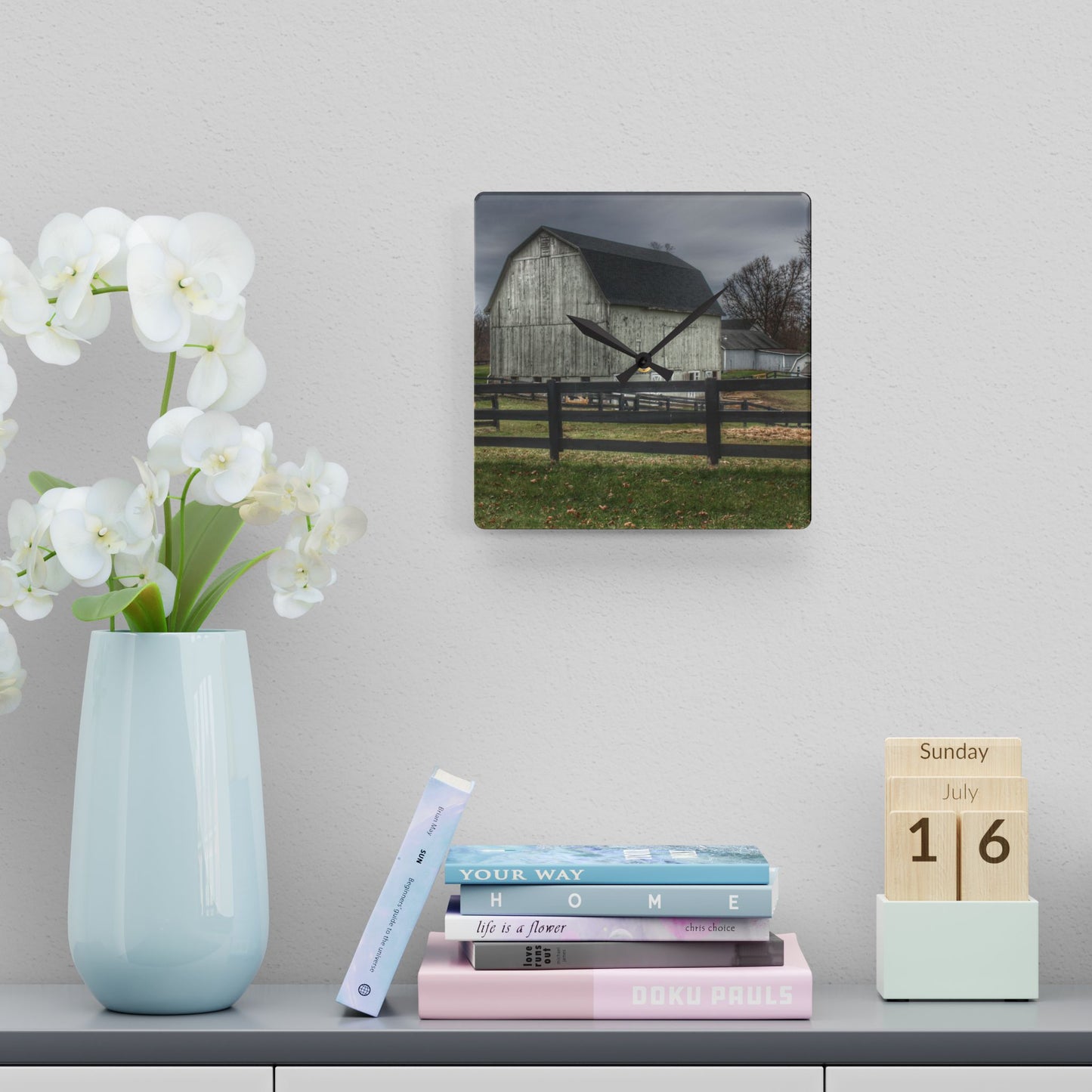 U R There Photography Roadside White Beyond the Fences Rustic Farmhouse Acrylic Analog Wall Clock