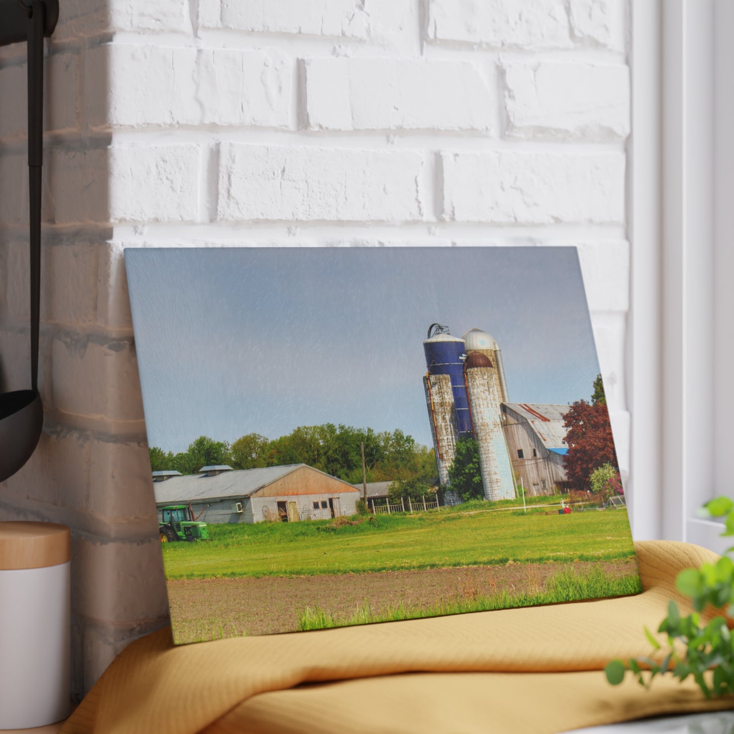 U R There Photography M-25 Old Grey and Silos Rustic Farmhouse Tempered-Glass Cutting Board