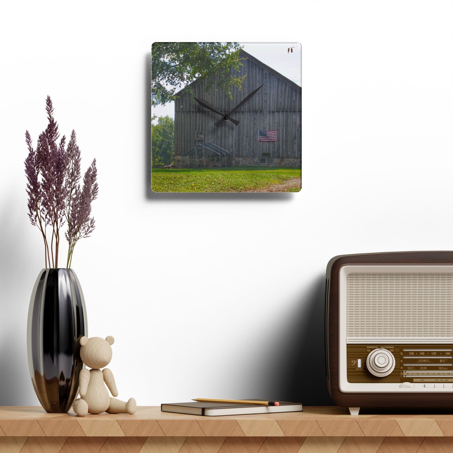 U R There Photography Sutton Road Patriot Grey II Rustic Farmhouse Acrylic Analog Wall Clock