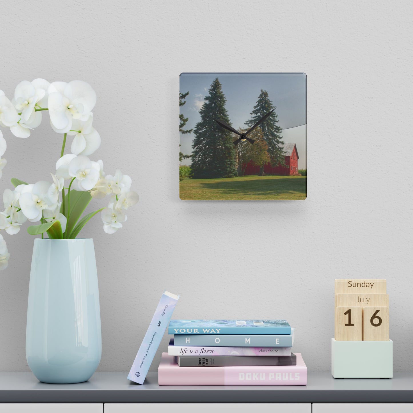 U R There Photography Small Red Barn Beneath the Pines Rustic Farmhouse Acrylic Analog Wall Clock 10.75'' × 10.75'' (Square)