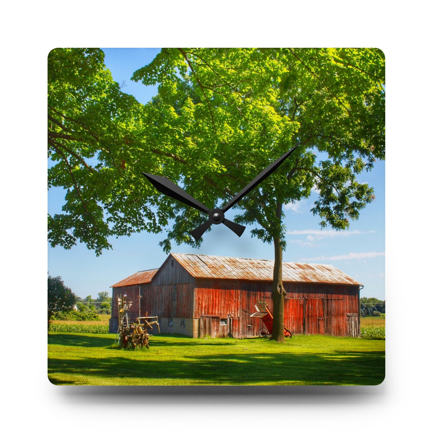 U R There Photography Hunters Creek Little Red Cow Barn Rustic Farmhouse Acrylic Analog Wall Clock