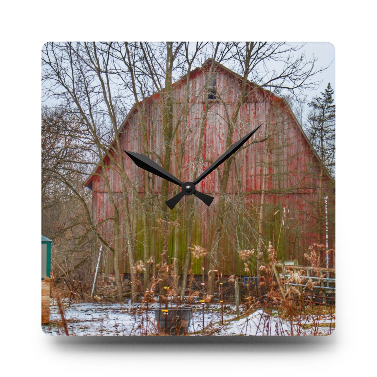 U R There Photography LeValley Road Red Rustic Farmhouse Acrylic Analog Wall Clock