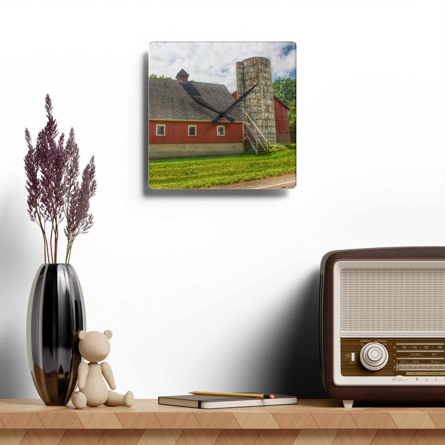 U R There Photography Metamora Red Silo Rustic Farmhouse Acrylic Analog Wall Clock
