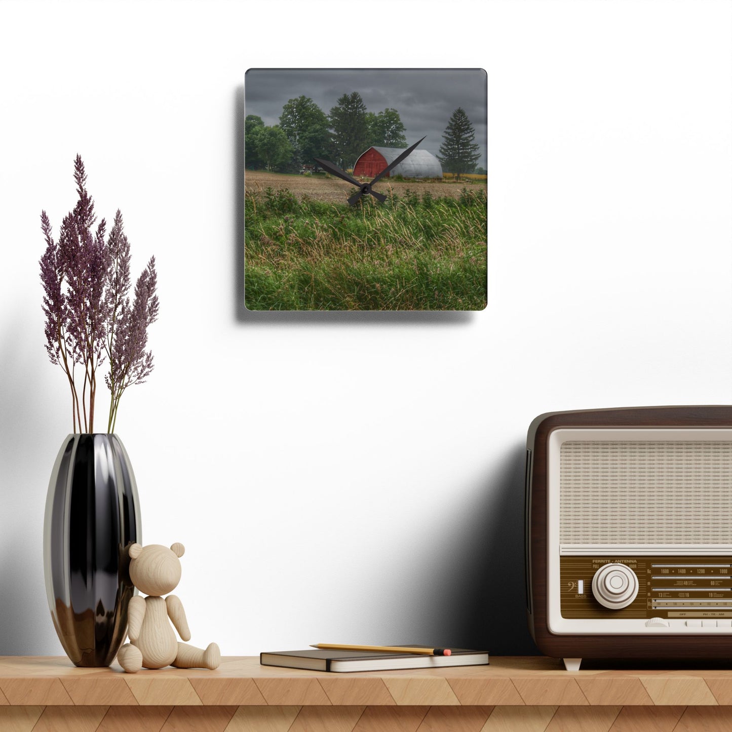 U R There Photography Mayville Road Red Quonset Rustic Farmhouse Acrylic Analog Wall Clock