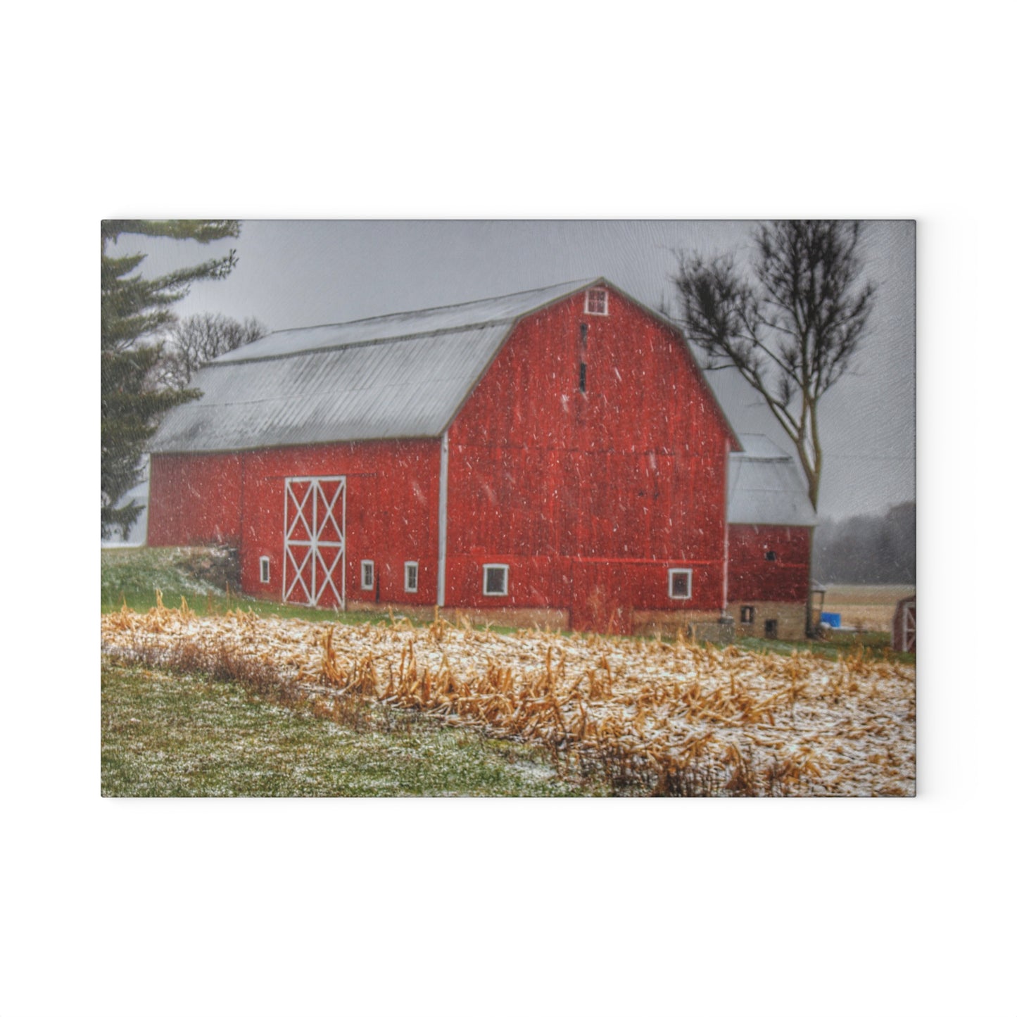 U R There Photography Shoemaker Road Winter Reds I Rustic Farmhouse Tempered-Glass Cutting Board