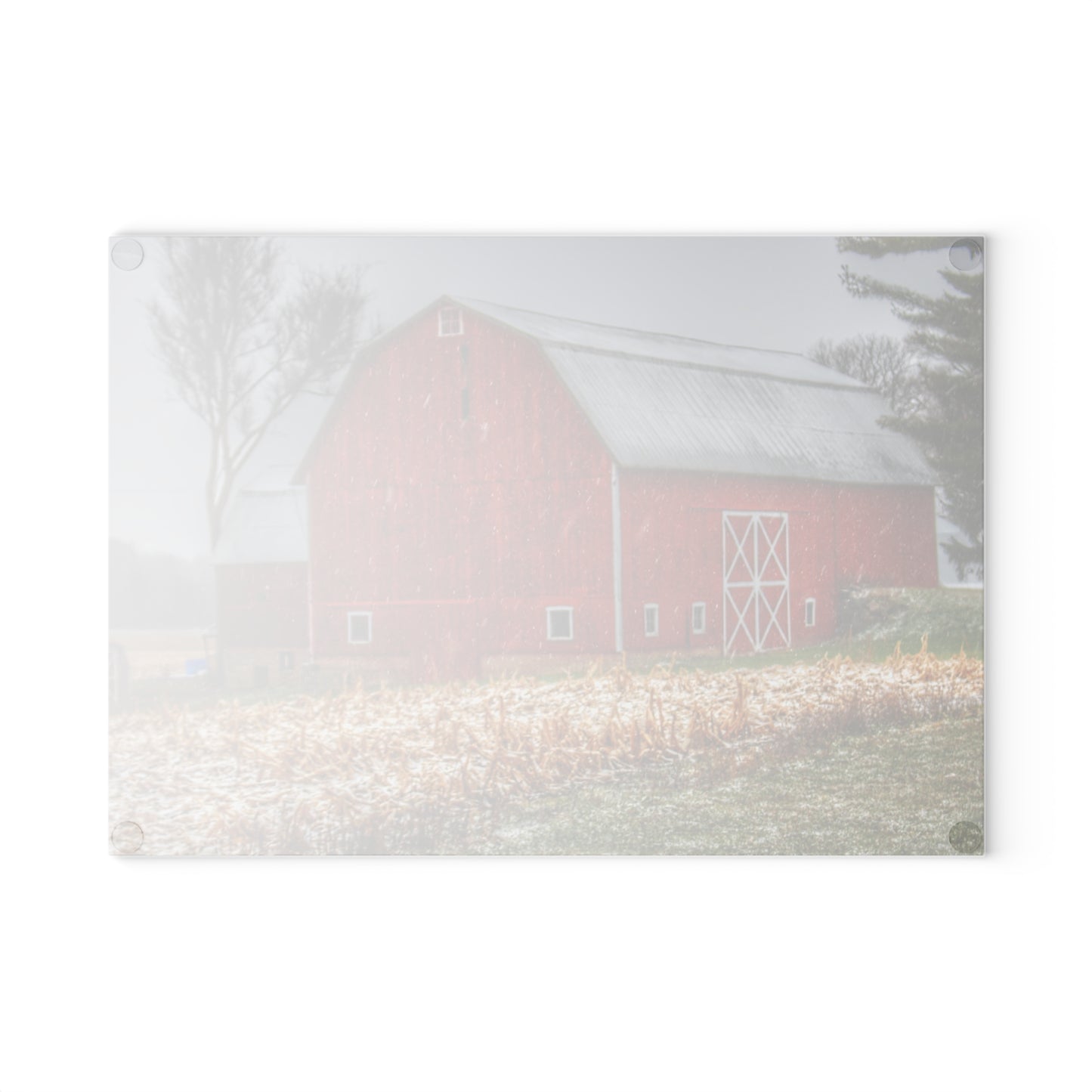 U R There Photography Shoemaker Road Winter Reds I Rustic Farmhouse Tempered-Glass Cutting Board