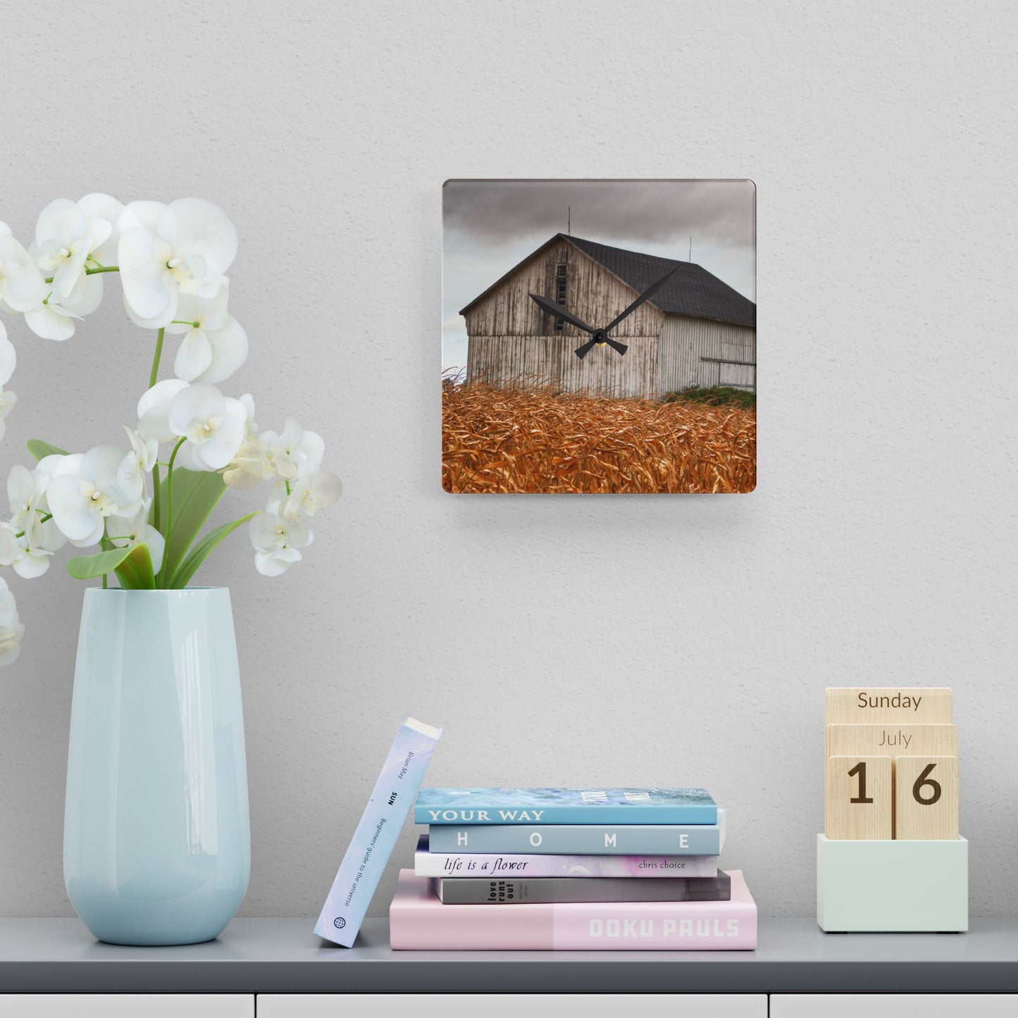 U R There Photography Merry Road Grey Rustic Farmhouse Acrylic Analog Wall Clock