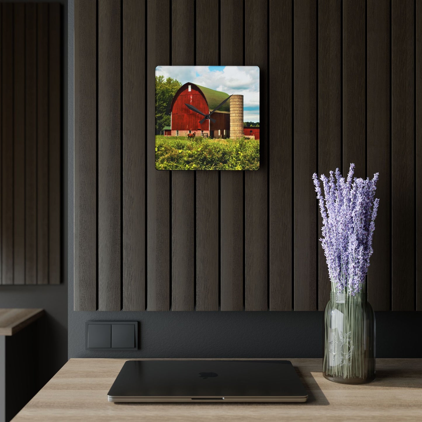 Rustic Farmhouse Wall Clock featuring Red Barn and Horses