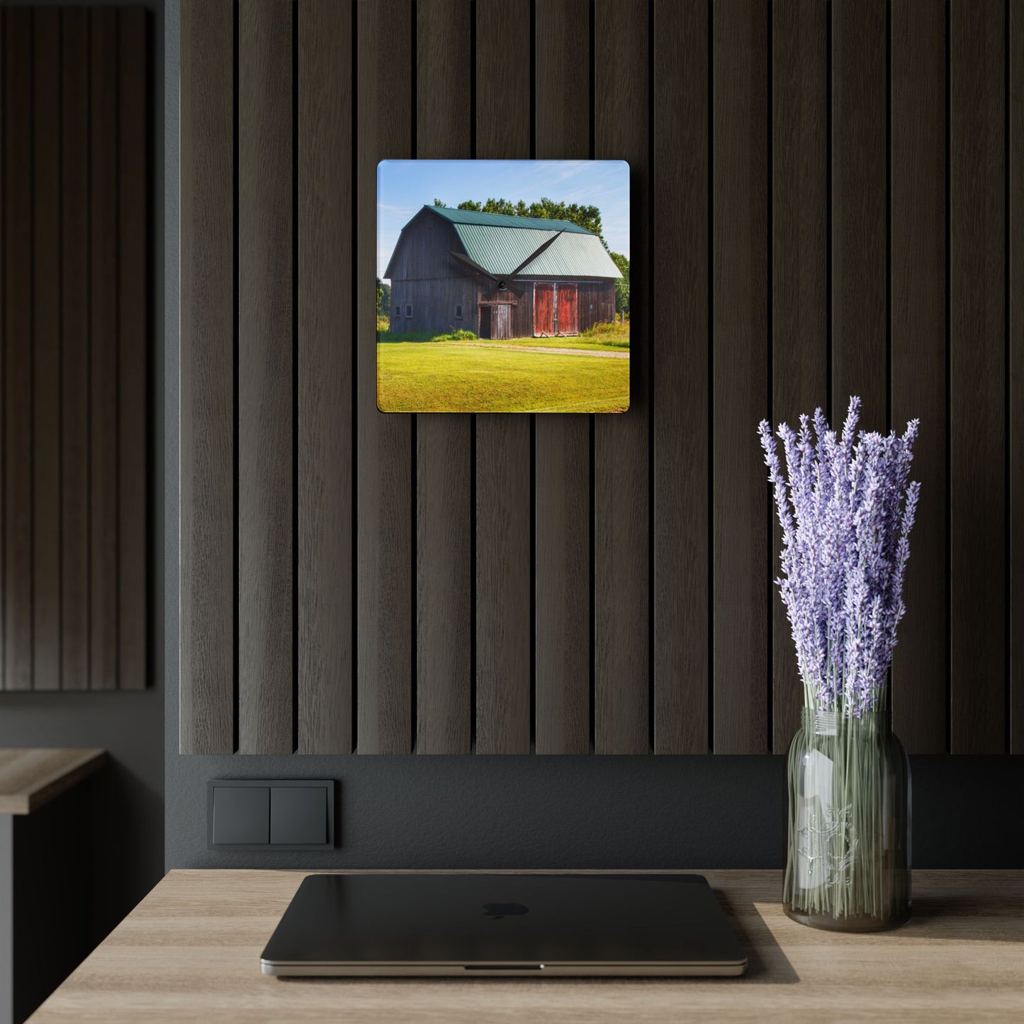 U R There Photography Red Door Barn of Mount Morris Road Rustic Farmhouse Acrylic Analog Wall Clock