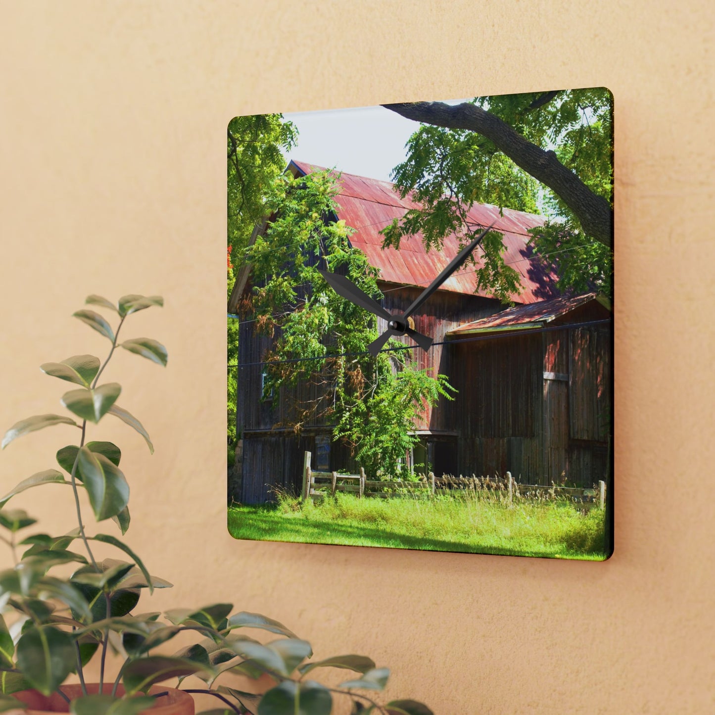 U R There Photography Oxford Rusted Red III Rustic Farmhouse Acrylic Analog Wall Clock