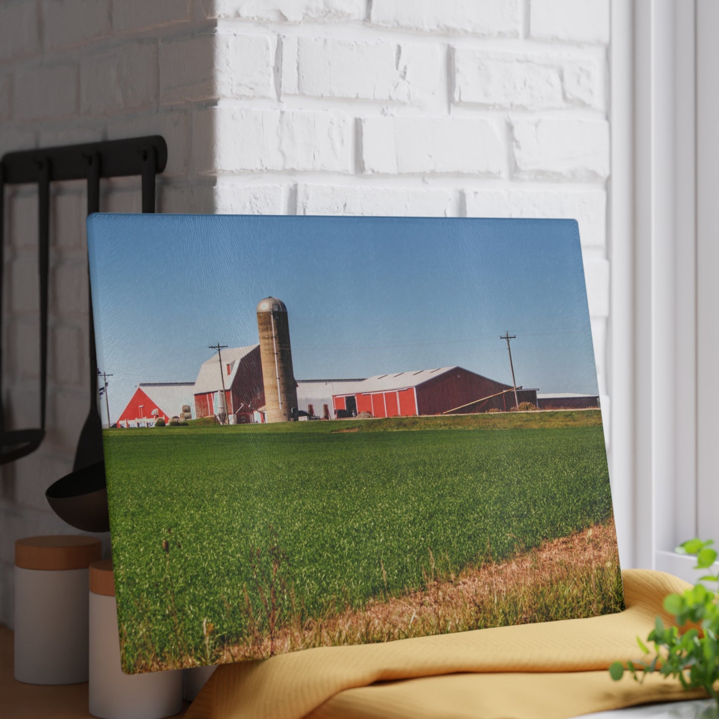 U R There Photography Pattison Road Farm Across the Field II Rustic Farmhouse Tempered-Glass Cutting Board