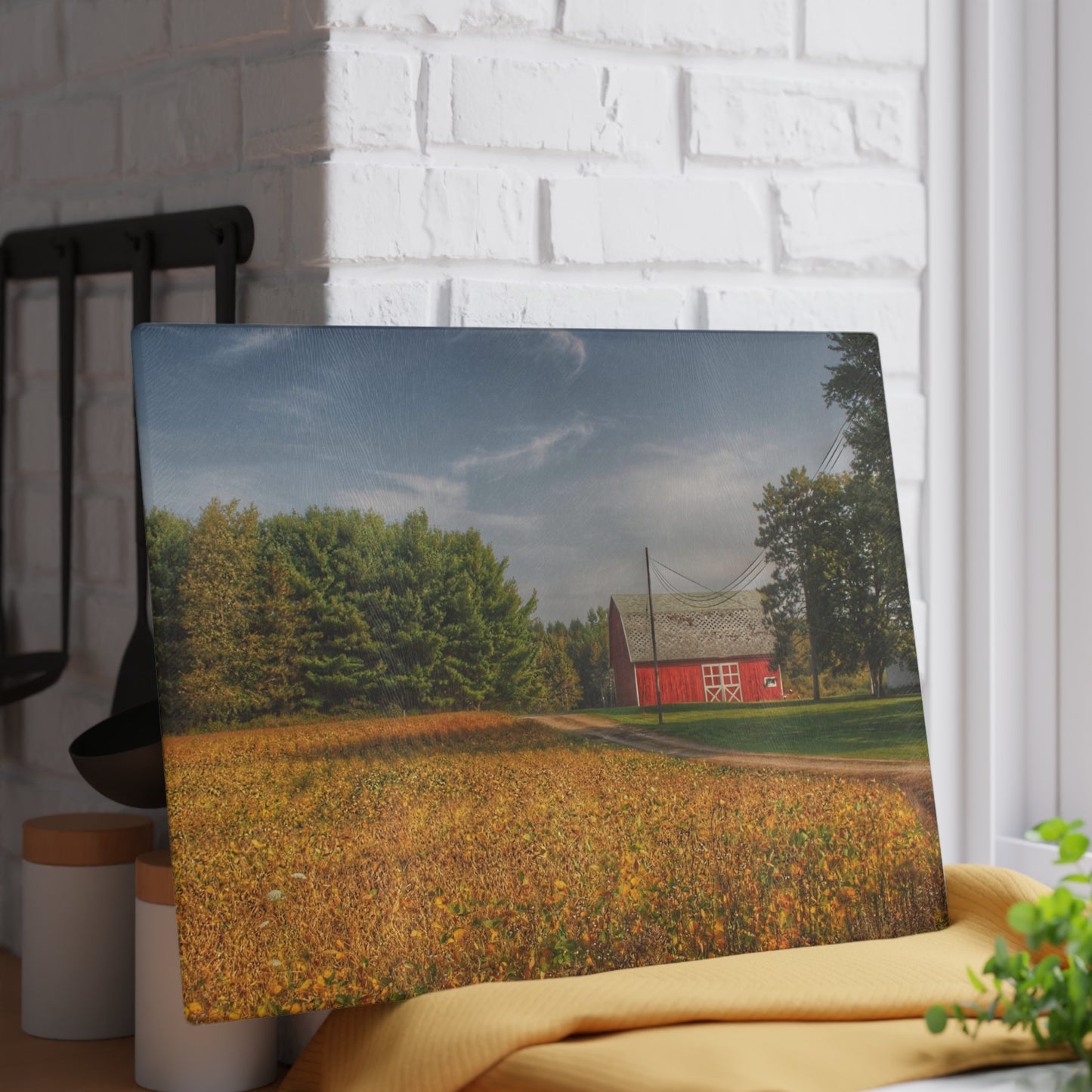 U R There Photography Red Barn on Golden Field Rustic Farmhouse Tempered-Glass Cutting Board