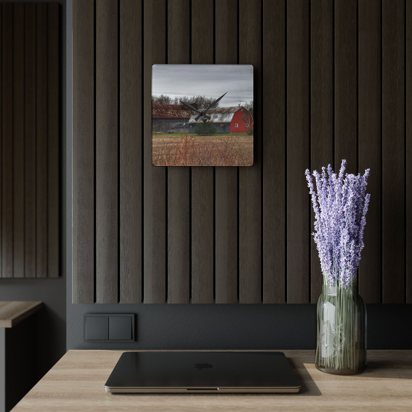 U R There Photography South Summers Road Rusted Grey and Little Red Rustic Farmhouse Acrylic Analog Wall Clock