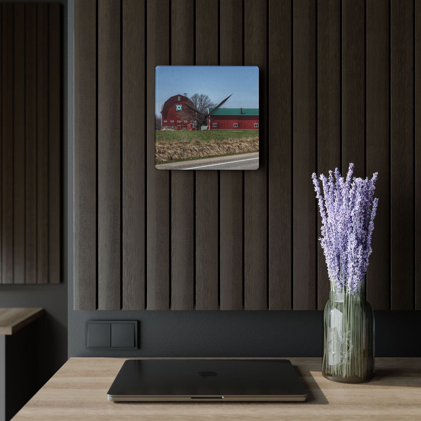 U R There Photography M-15 Quilted Red Rustic Farmhouse Acrylic Analog Wall Clock