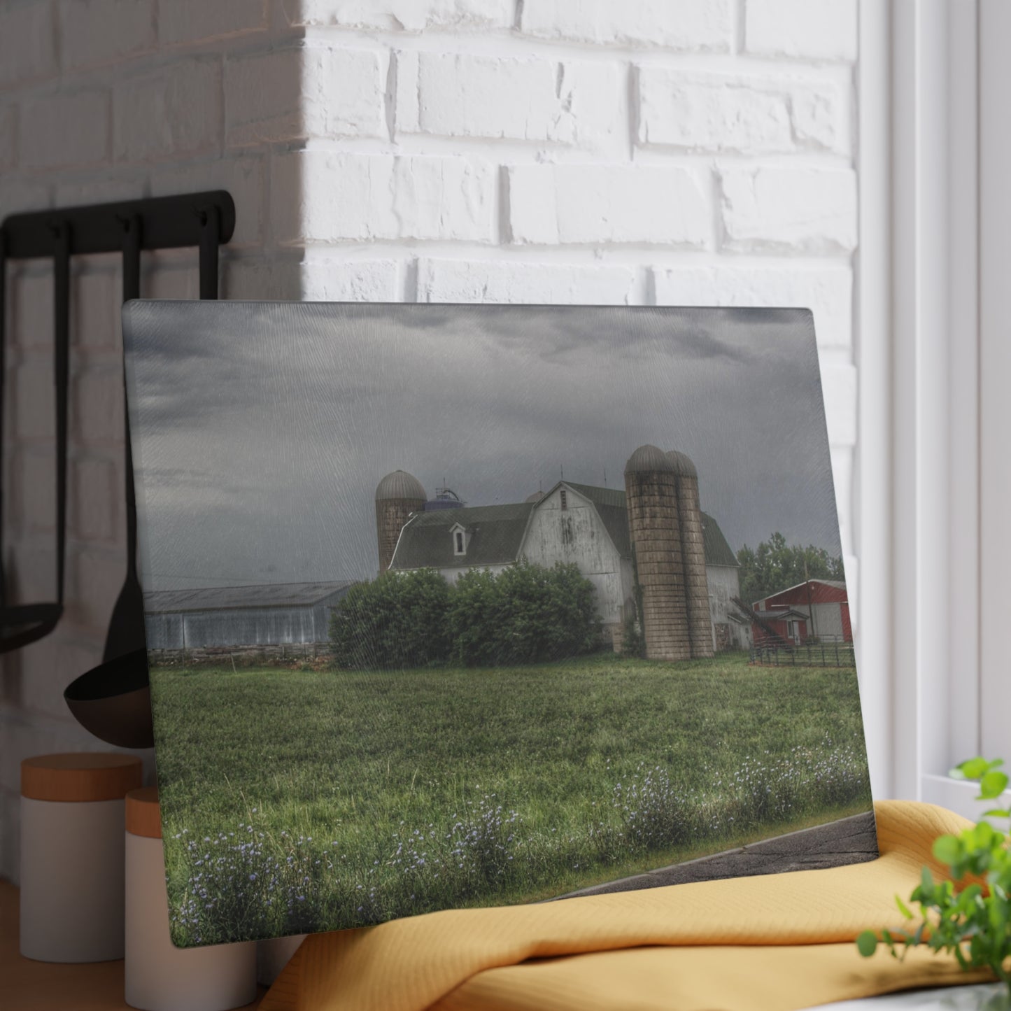 U R There Photography Clark Road White II Rustic Farmhouse Tempered-Glass Cutting Board
