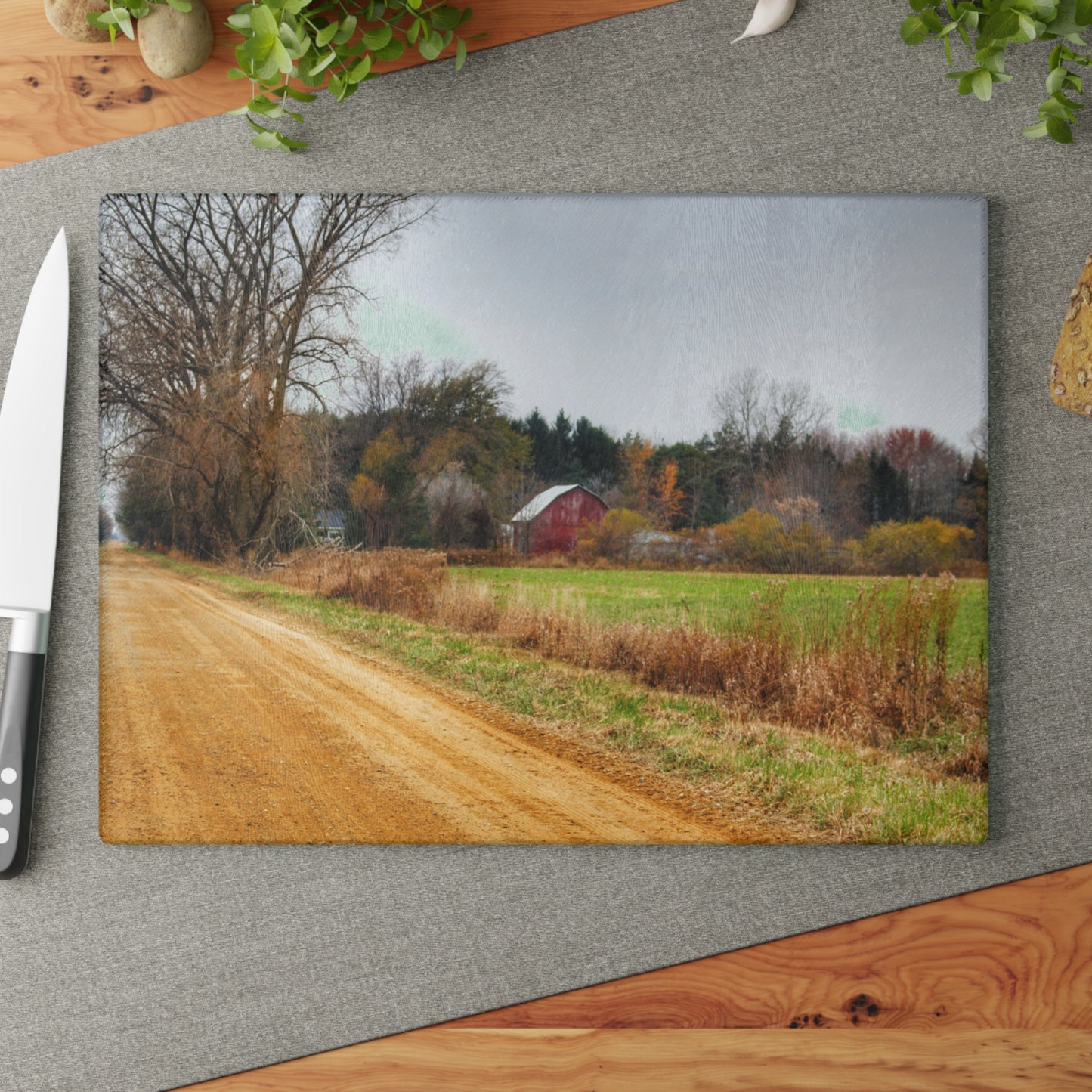 U R There Photography Stone Road Red Rustic Farmhouse Tempered-Glass Cutting Board