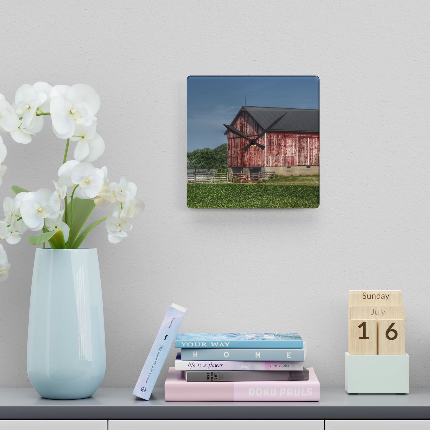 U R There Photography Lake Pleasant Corral Red I Rustic Farmhouse Acrylic Analog Wall Clock
