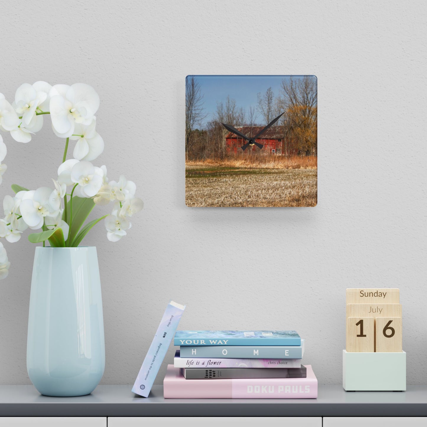 U R There Photography Hidden Scotch Settlement Red Rustic Farmhouse Acrylic Analog Wall Clock