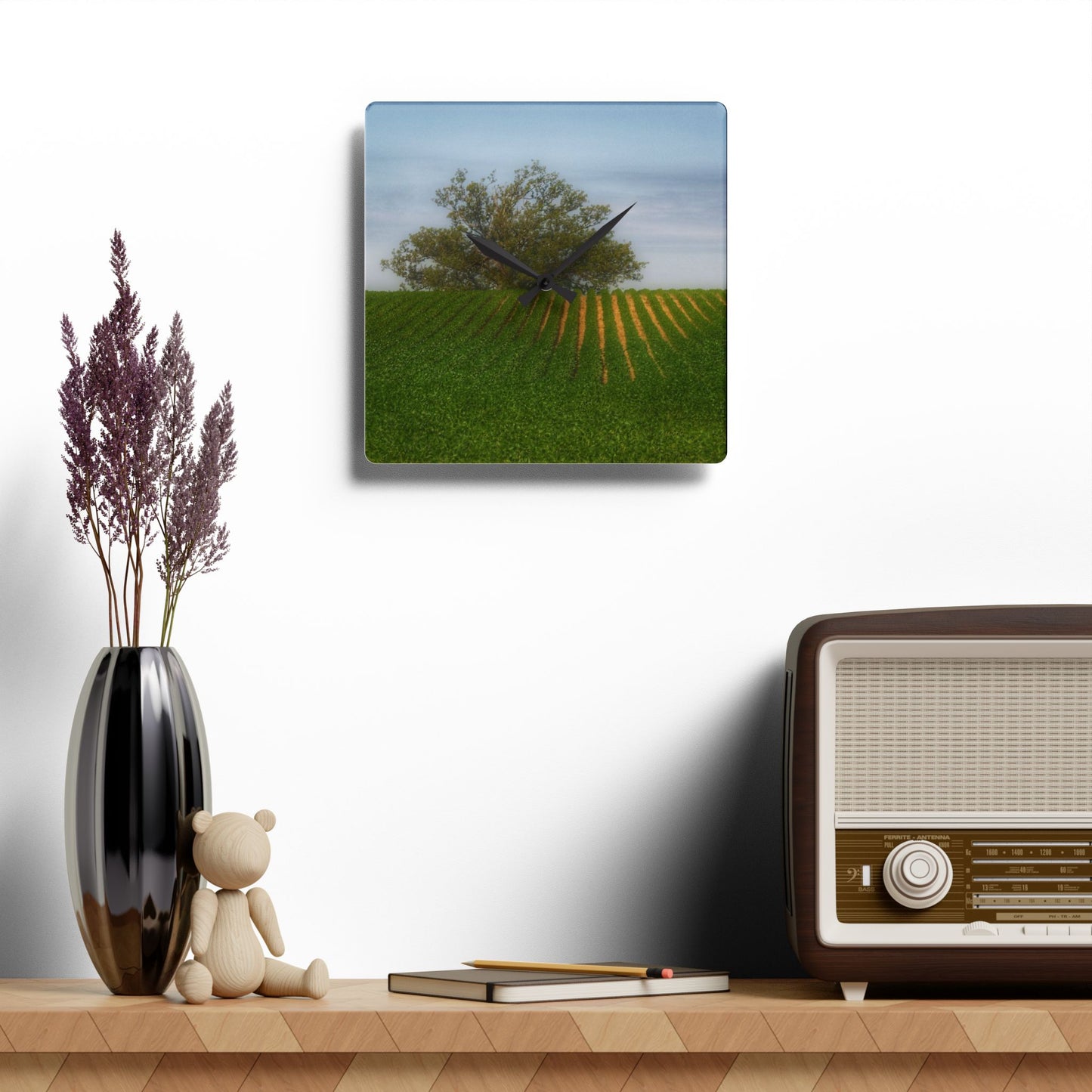U R There Photography Tree Overlooking Farm Field Rustic Farmhouse Acrylic Analog Wall Clock