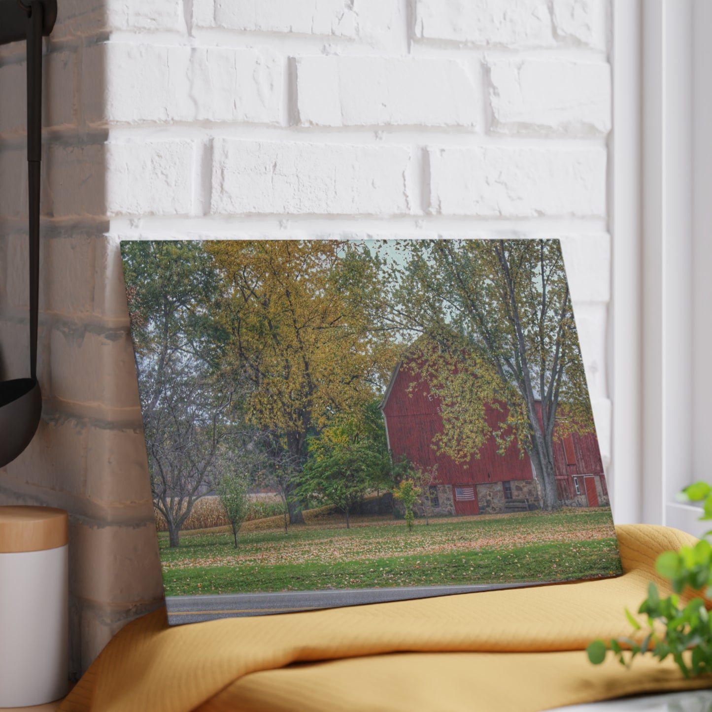 U R There Photography Mayville Lapeer Road Red in the Fall Rustic Farmhouse Tempered-Glass Cutting Board