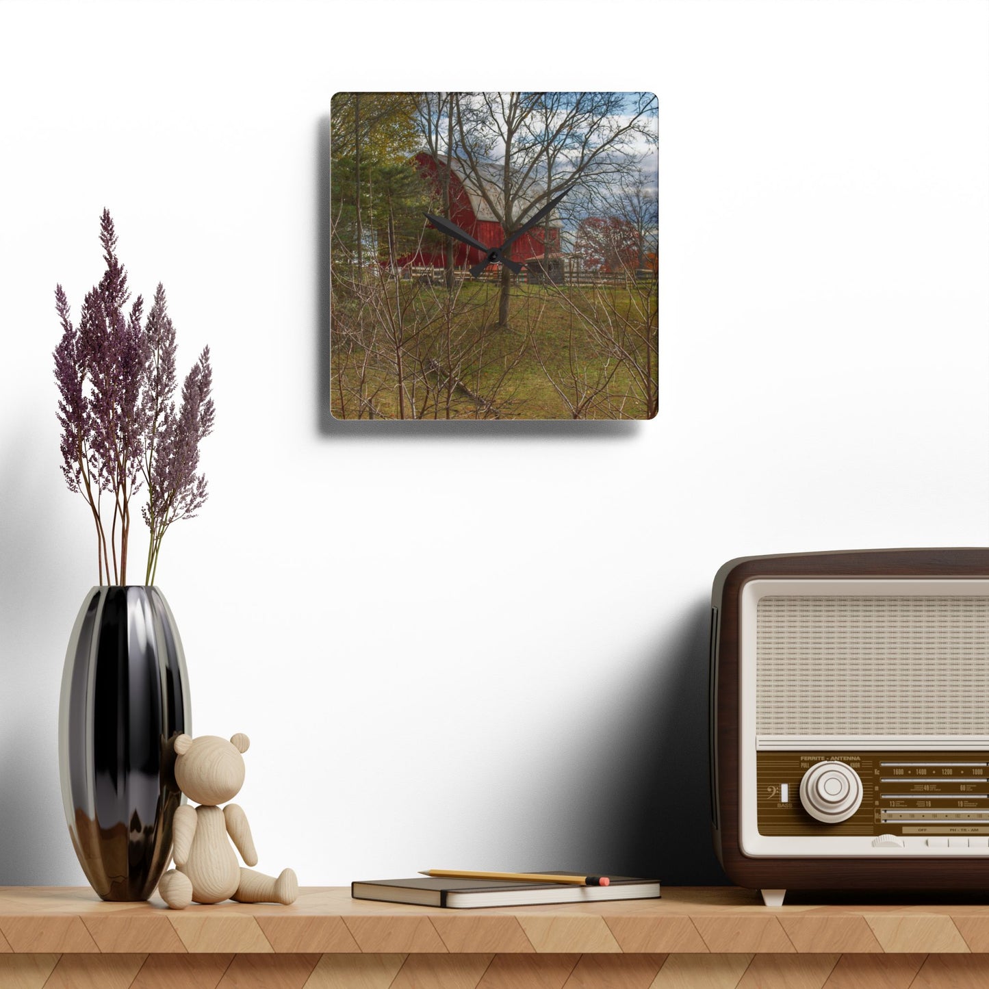 U R There Photography Laur Road Hidden Red Rustic Farmhouse Acrylic Analog Wall Clock