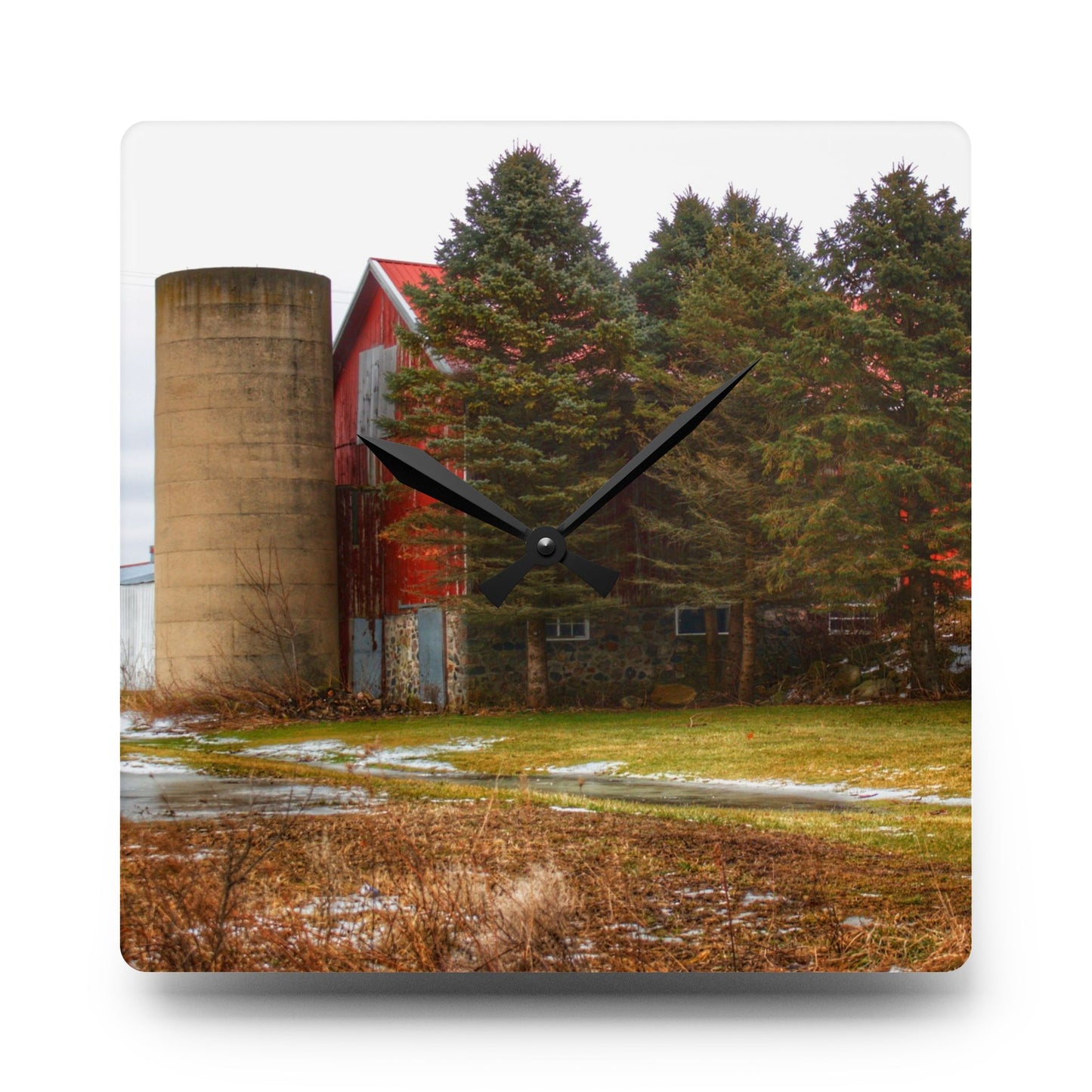 U R There Photography Laur Road Red Among the Pines III Rustic Farmhouse Acrylic Analog Wall Clock