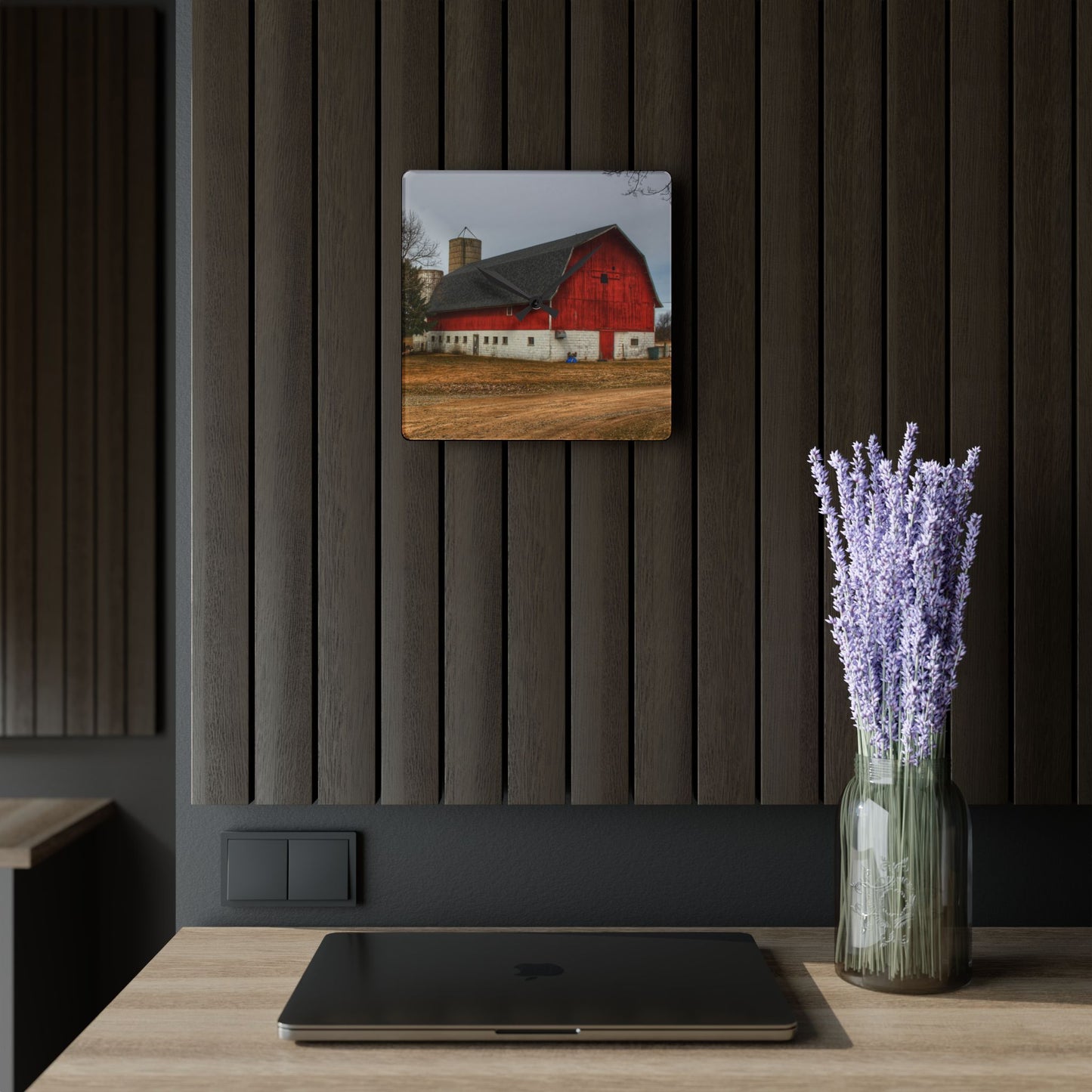 U R There Photography Hunters Creek Red Cow Barn II Rustic Farmhouse Acrylic Analog Wall Clock