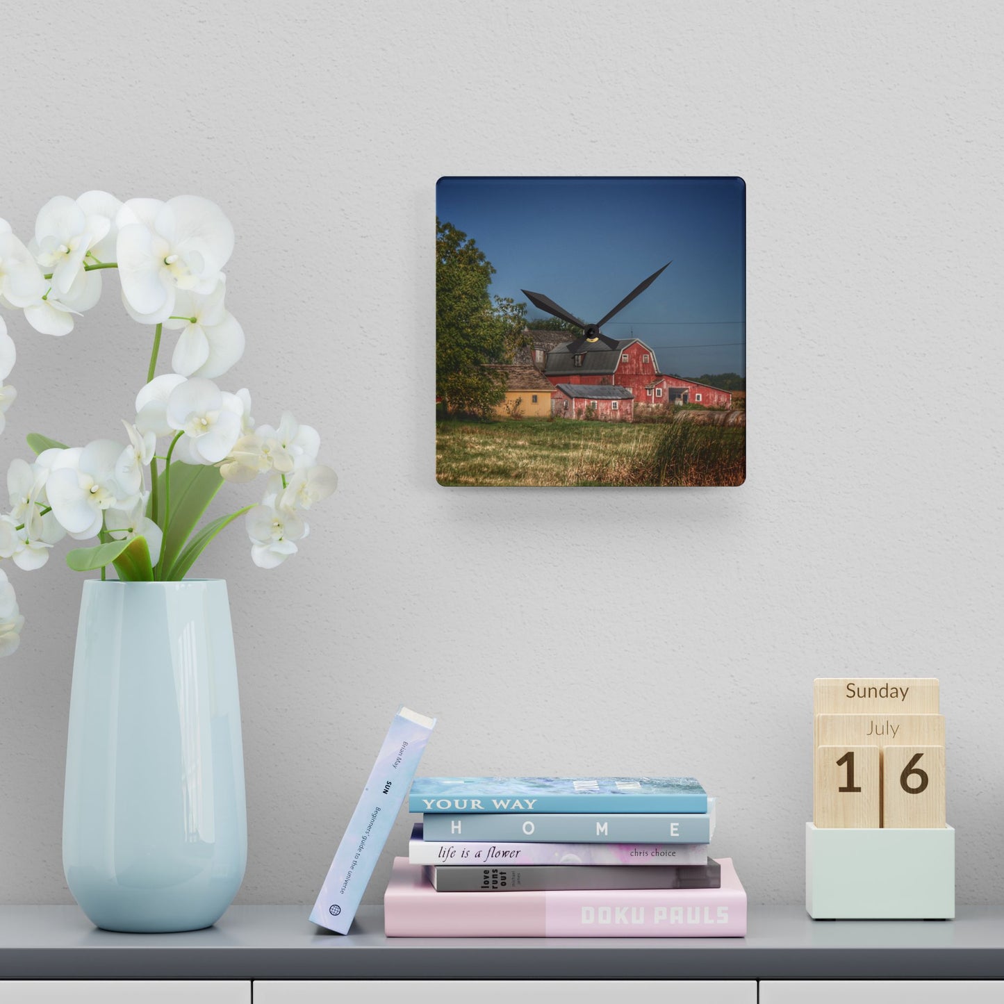 U R There Photography Rochester Road Red I Rustic Farmhouse Acrylic Analog Wall Clock